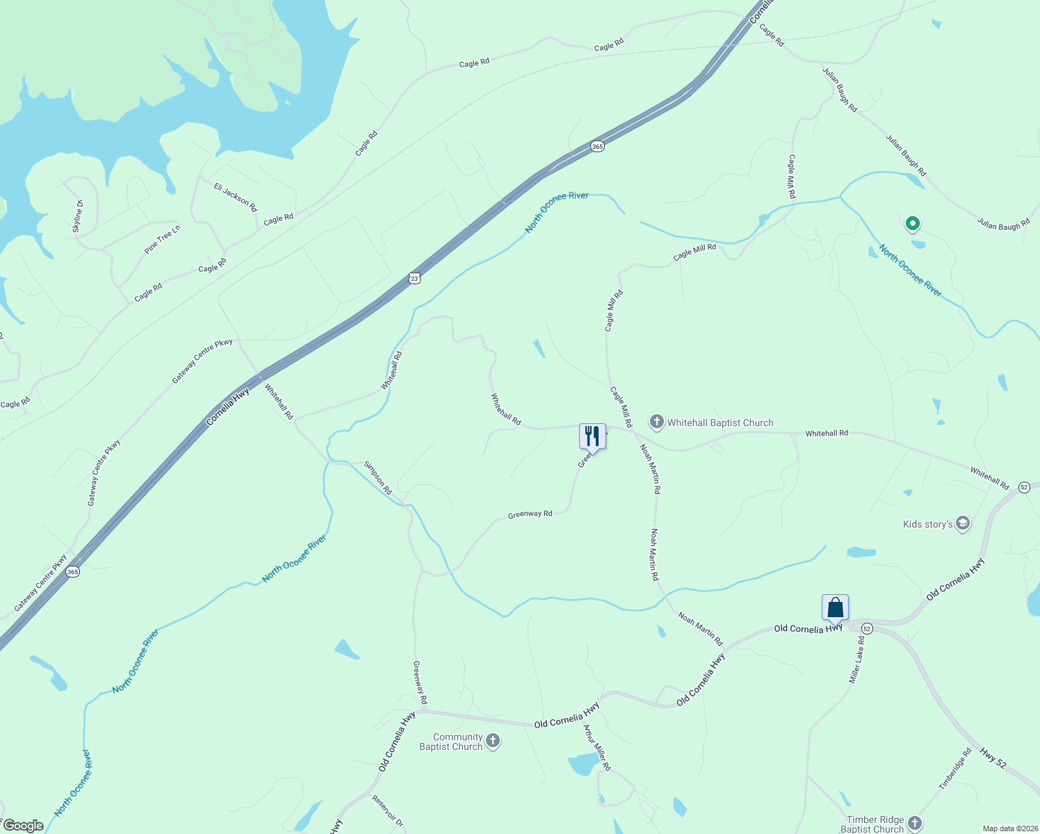 map of restaurants, bars, coffee shops, grocery stores, and more near 5510 Whitehall Road in Lula