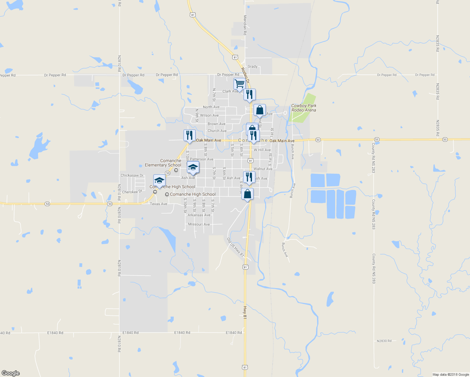 map of restaurants, bars, coffee shops, grocery stores, and more near 410 Hickory Avenue in Comanche