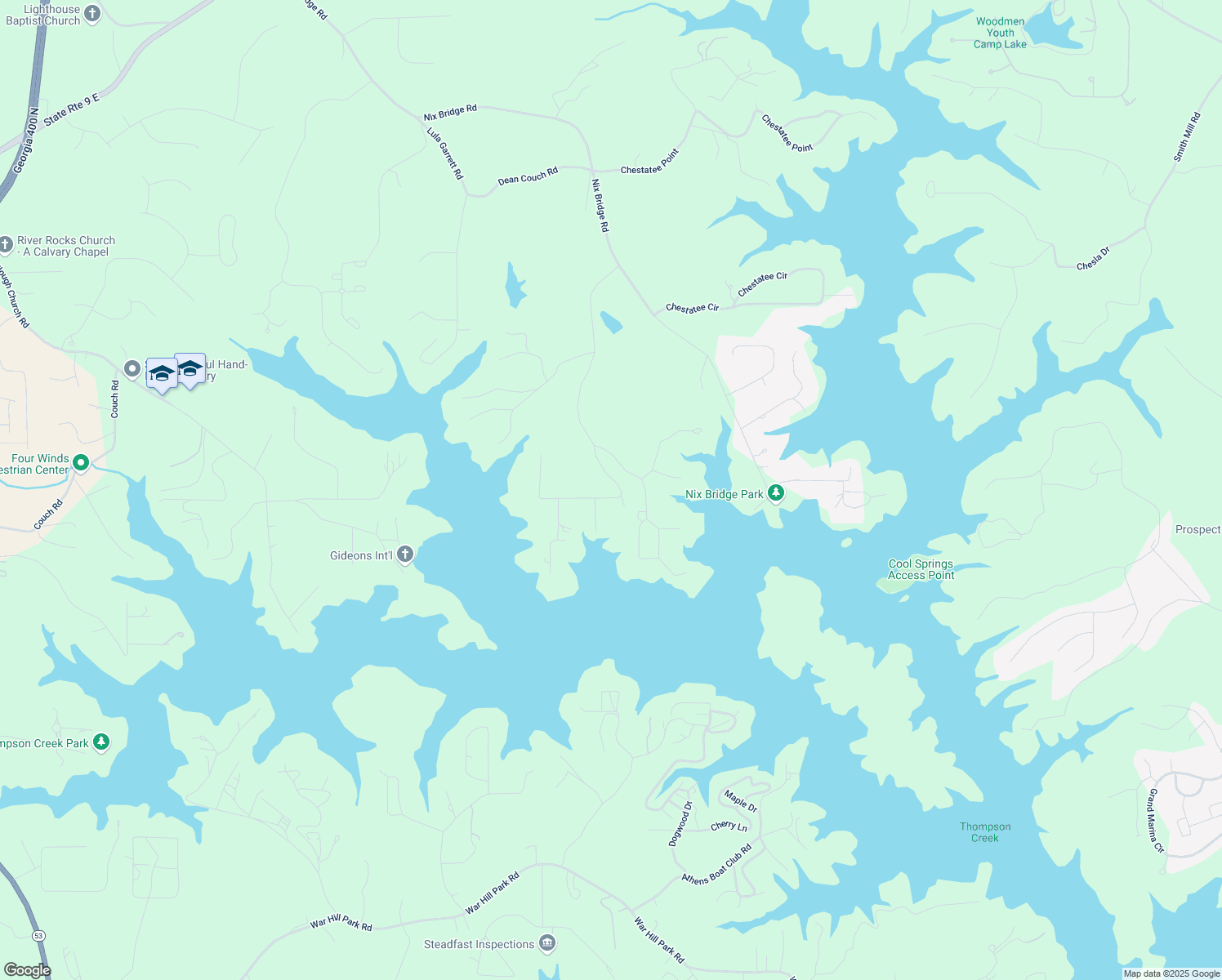 map of restaurants, bars, coffee shops, grocery stores, and more near 214 Woodland Circle in Dawsonville