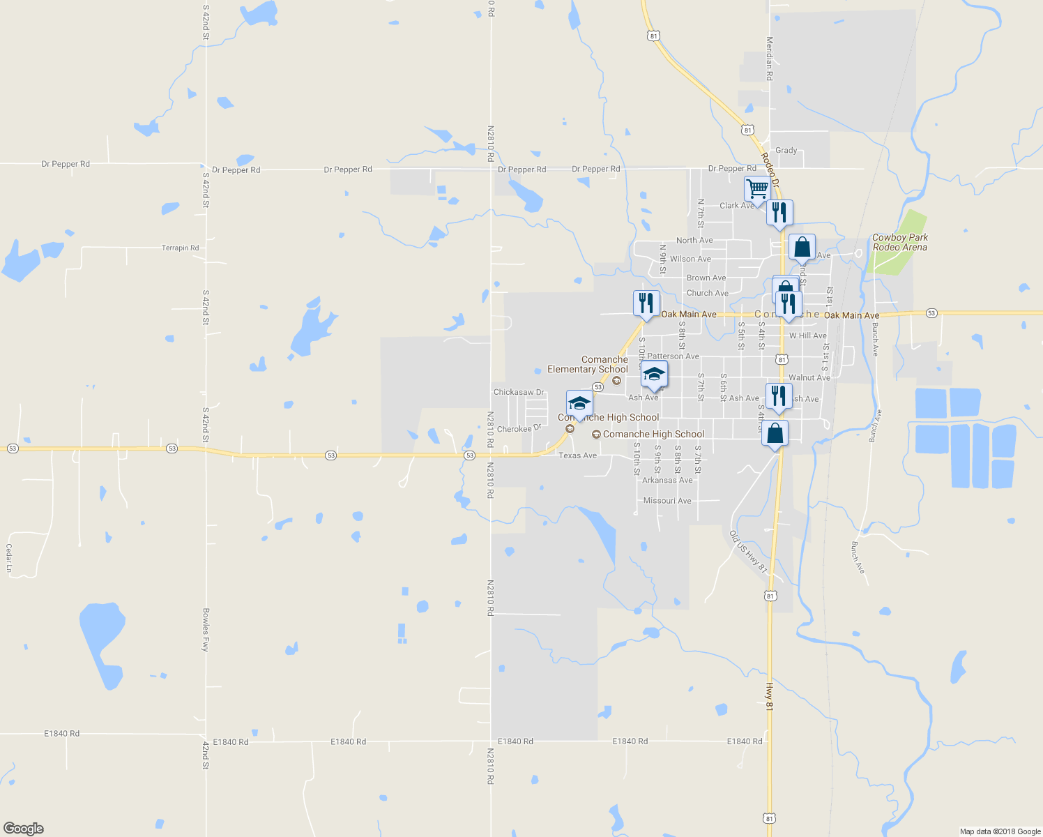 map of restaurants, bars, coffee shops, grocery stores, and more near 205 Comanche Drive in Comanche