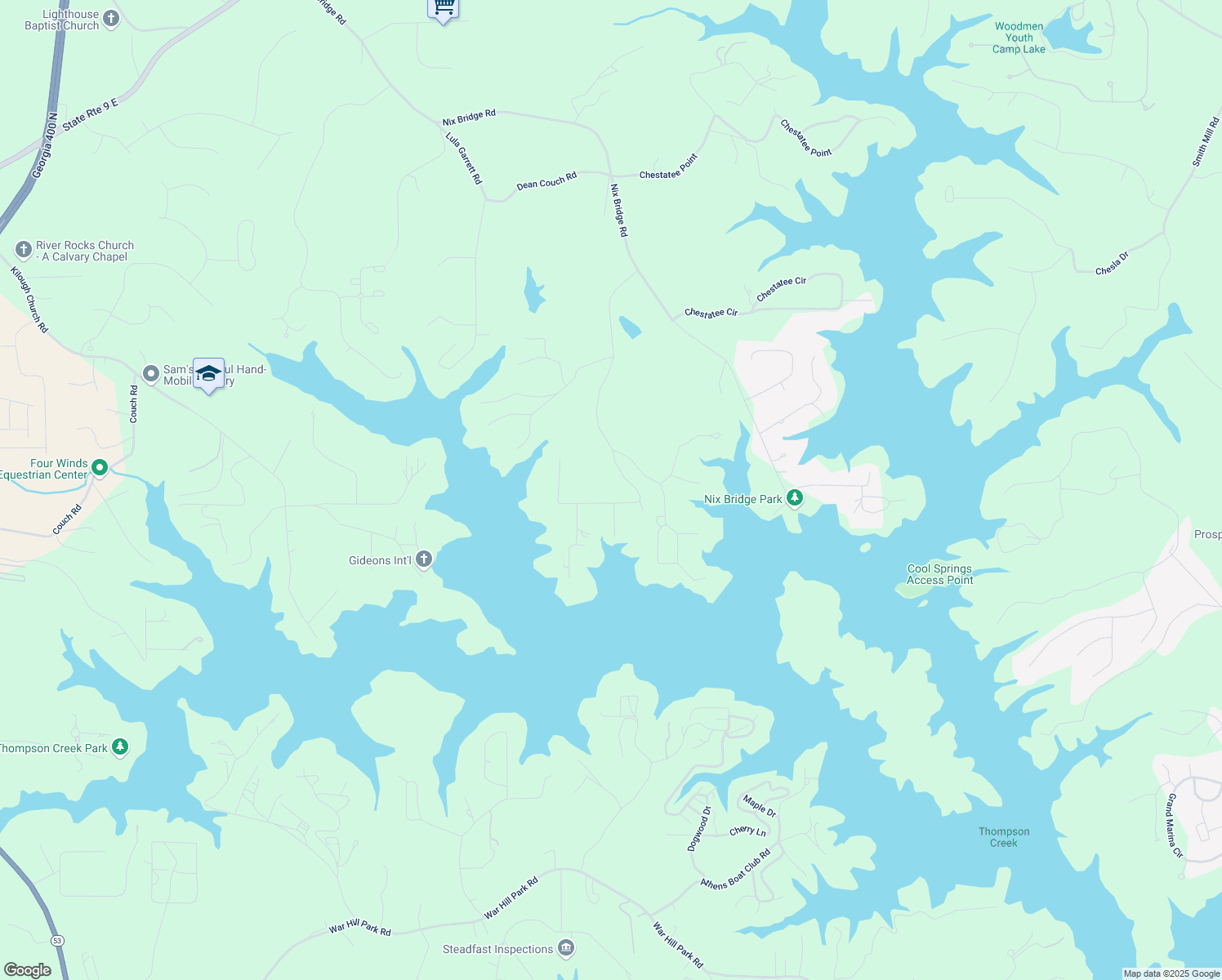 map of restaurants, bars, coffee shops, grocery stores, and more near 258 Woodland Circle in Dawsonville