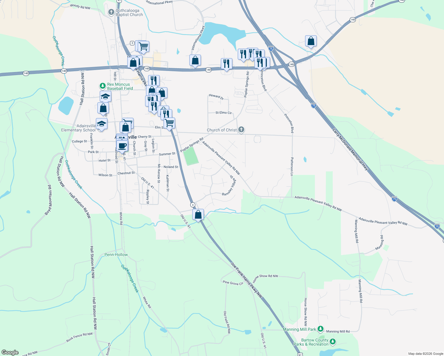 map of restaurants, bars, coffee shops, grocery stores, and more near 0 Cedar Way in Adairsville
