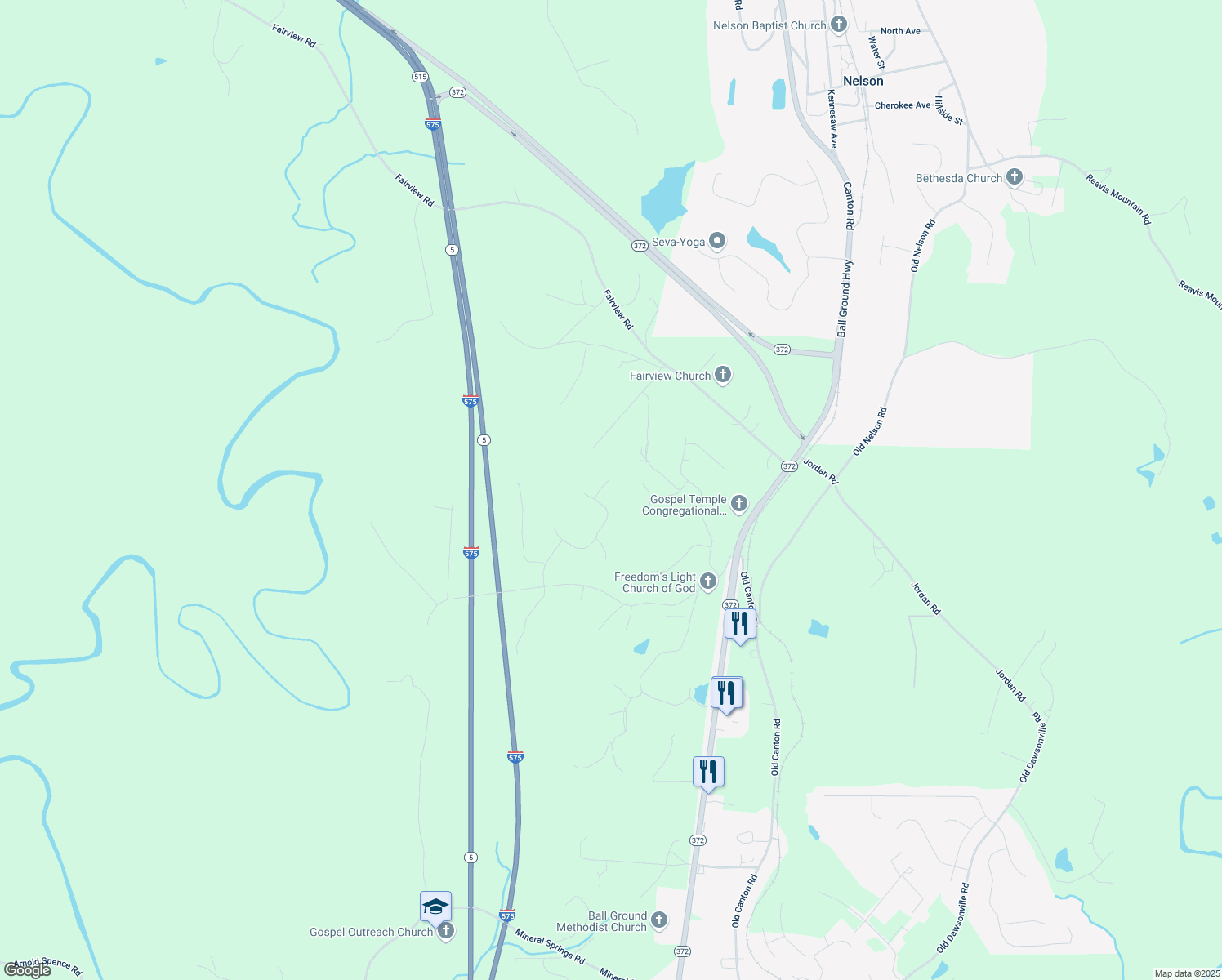 map of restaurants, bars, coffee shops, grocery stores, and more near 406 Wood Trace in Ball Ground