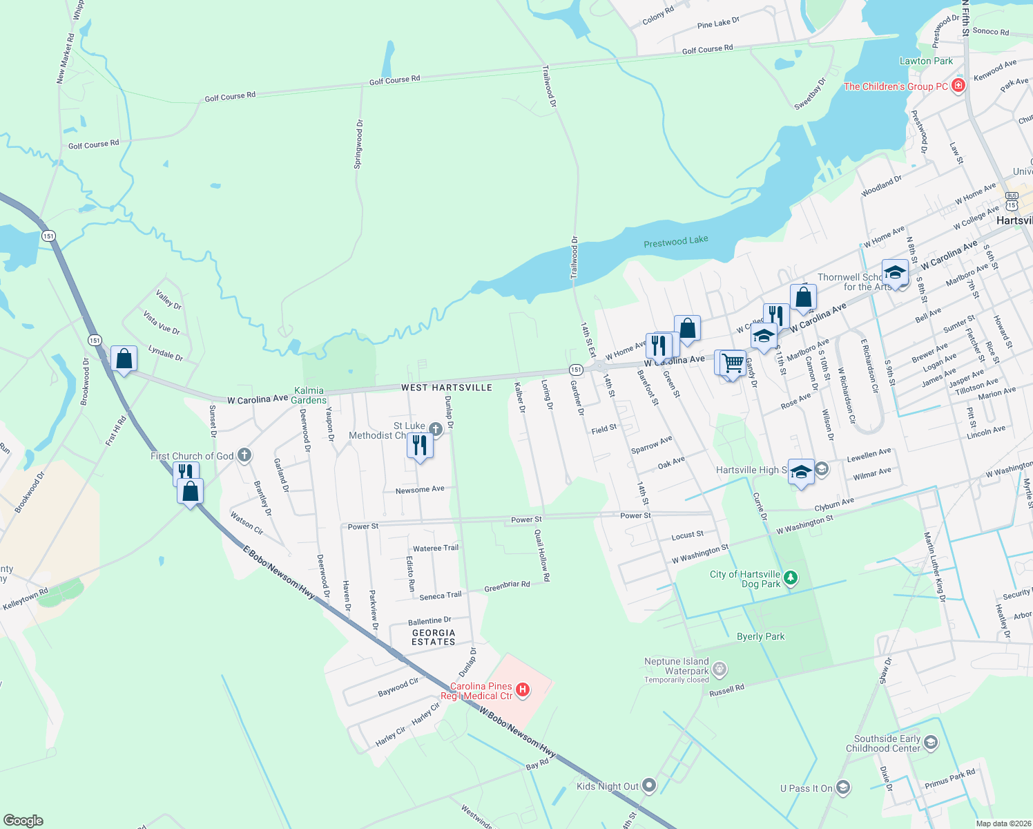 map of restaurants, bars, coffee shops, grocery stores, and more near 124 Kalber Drive in Hartsville