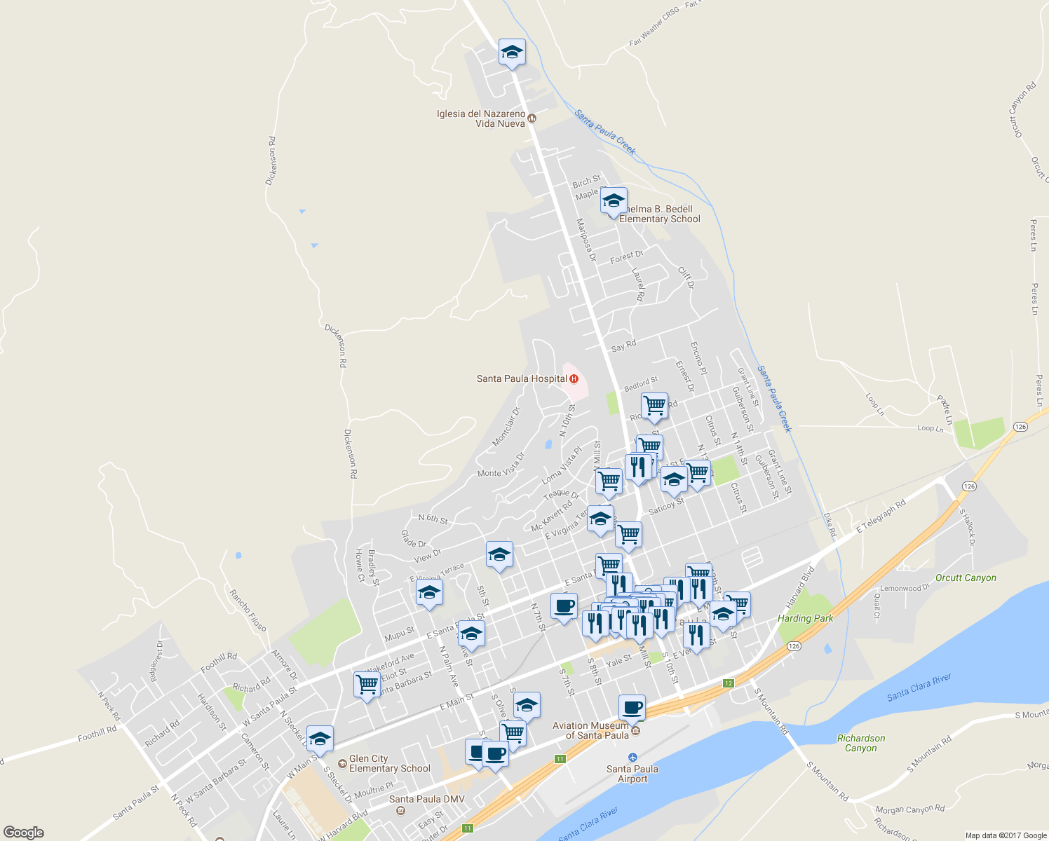 map of restaurants, bars, coffee shops, grocery stores, and more near 864 Montclair Drive in Santa Paula