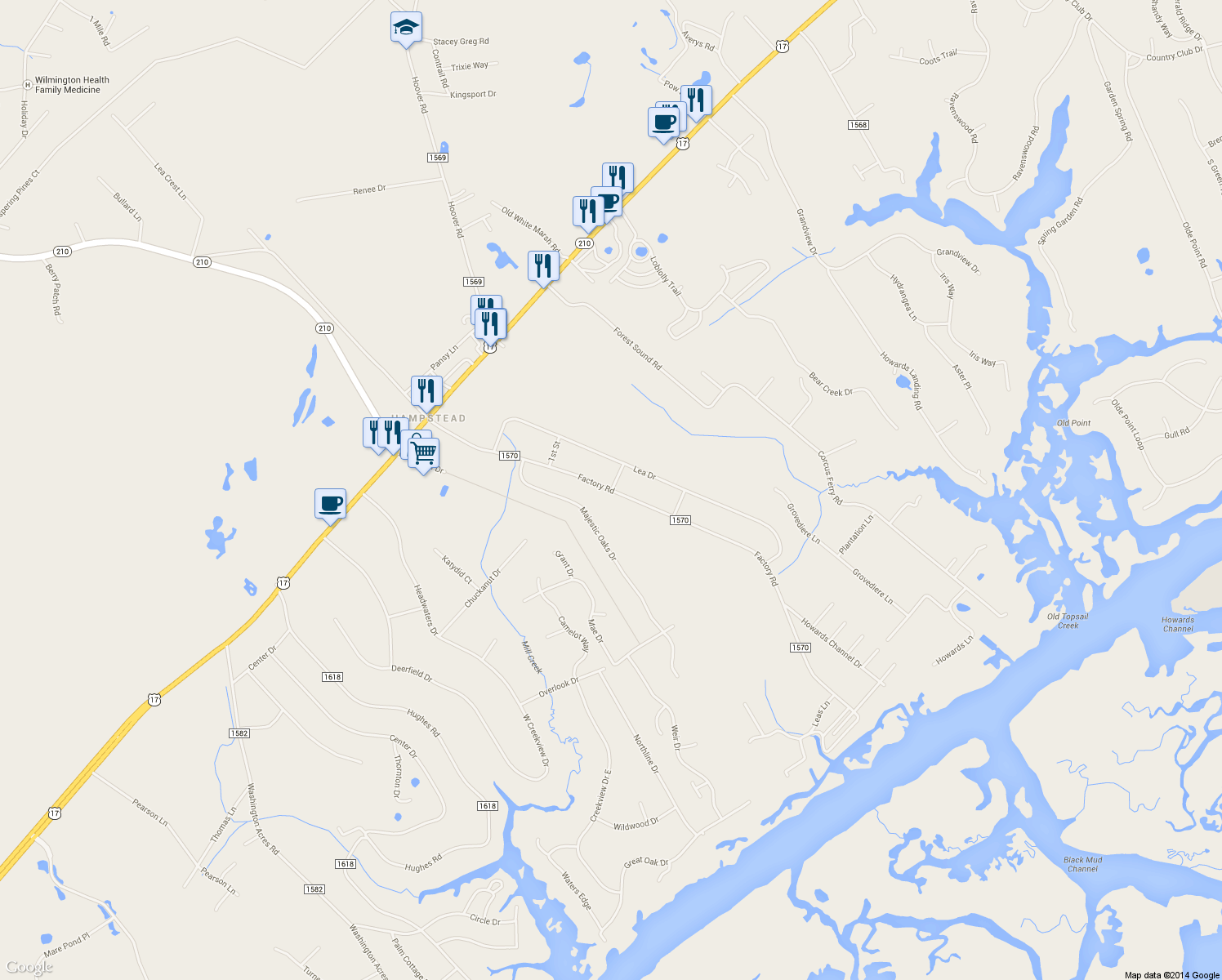map of restaurants, bars, coffee shops, grocery stores, and more near 590 Factory Road in Hampstead
