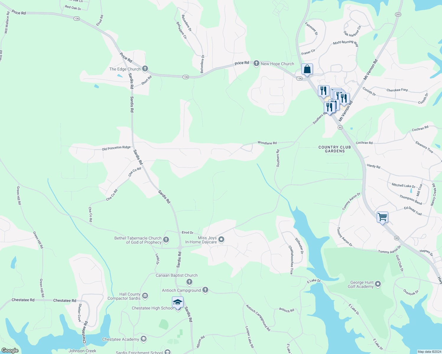 map of restaurants, bars, coffee shops, grocery stores, and more near 4060 Hidden Hollow Drive in Gainesville