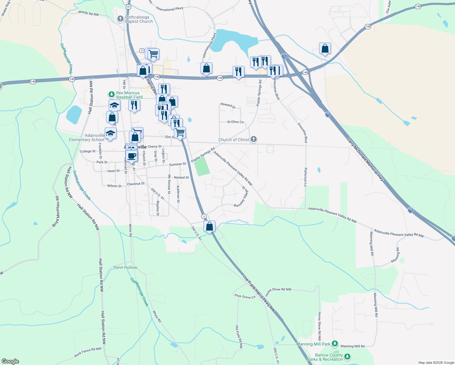 map of restaurants, bars, coffee shops, grocery stores, and more near 22 Barnsley Village Trail in Adairsville