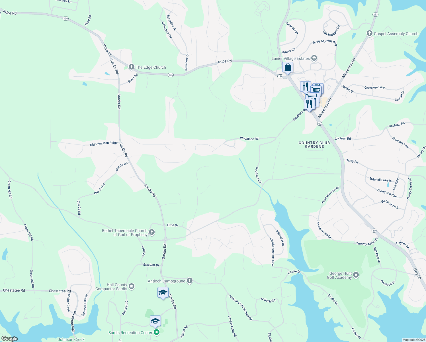 map of restaurants, bars, coffee shops, grocery stores, and more near 4084 Hidden Hollow Drive in Gainesville