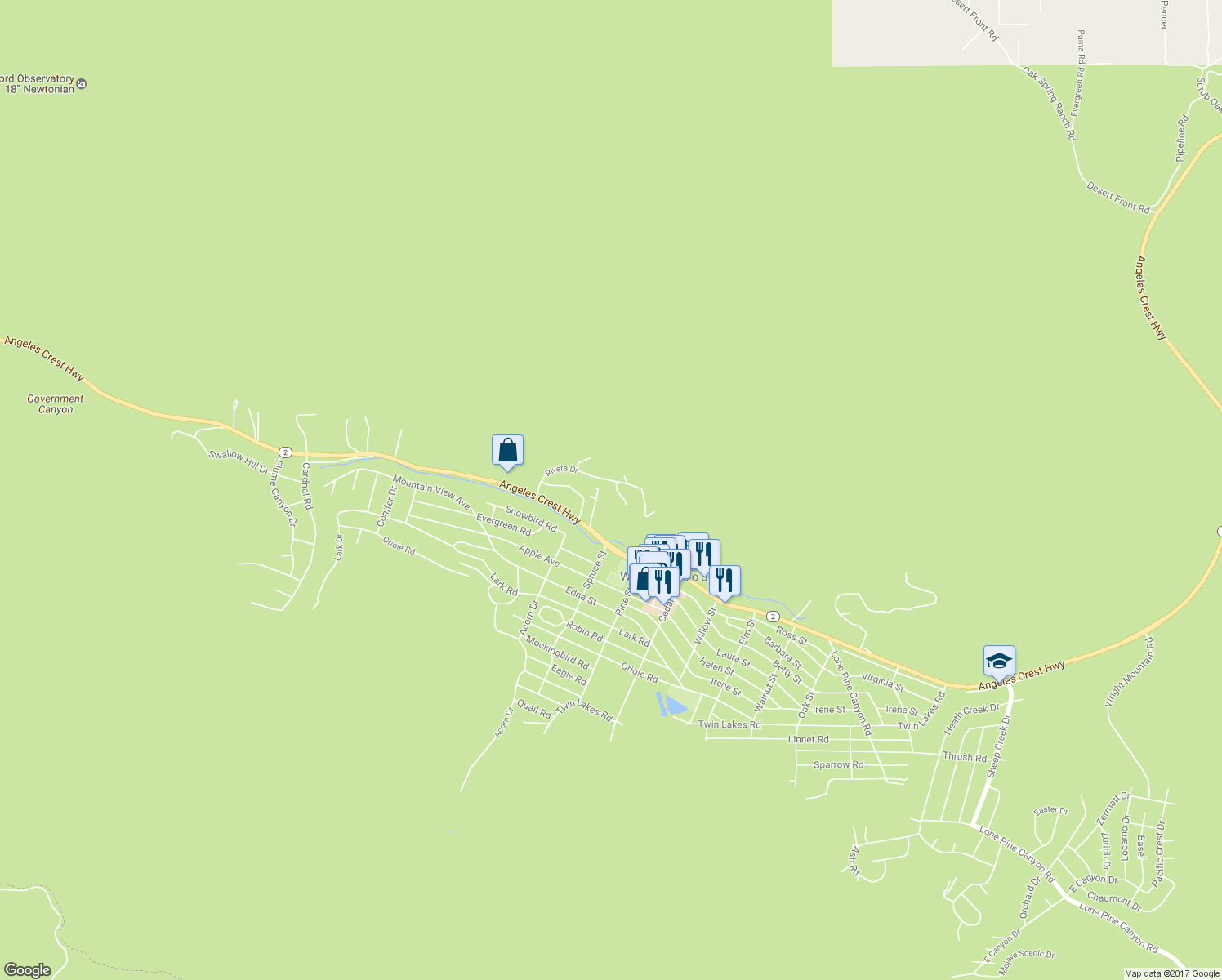 map of restaurants, bars, coffee shops, grocery stores, and more near 6284 Apple Vista Drive in Wrightwood