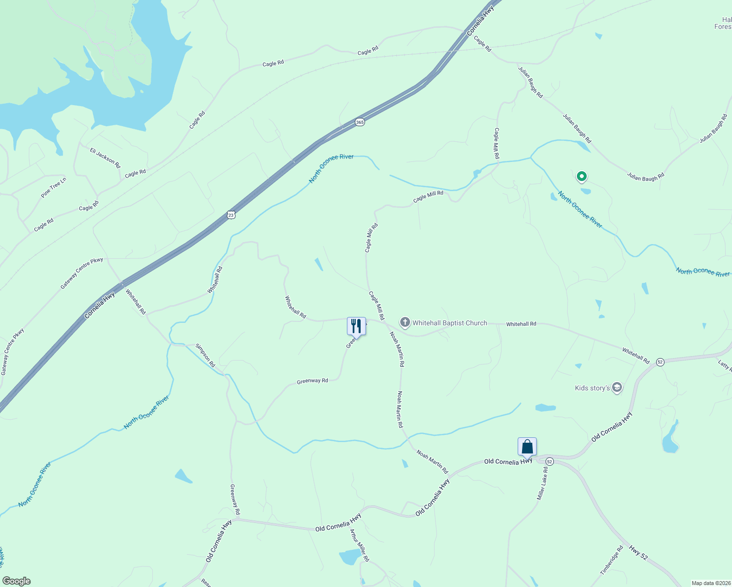 map of restaurants, bars, coffee shops, grocery stores, and more near 4669 Cagle Mill Road in Lula