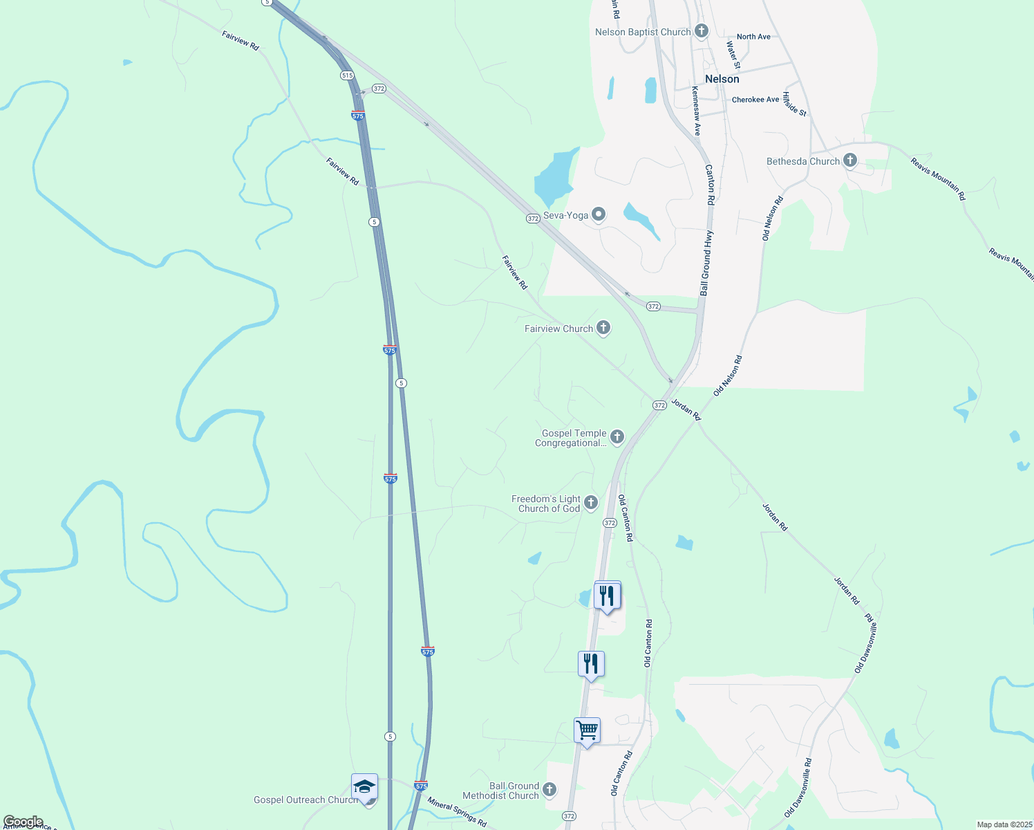 map of restaurants, bars, coffee shops, grocery stores, and more near 406 Wood Trace in Ball Ground