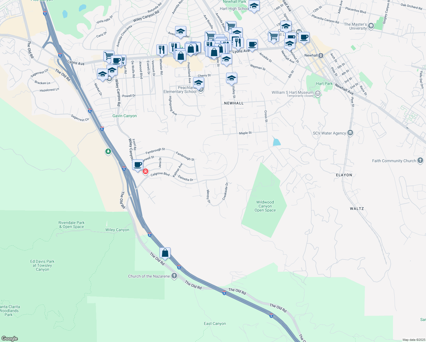 map of restaurants, bars, coffee shops, grocery stores, and more near 23450 Glenridge Drive in Santa Clarita
