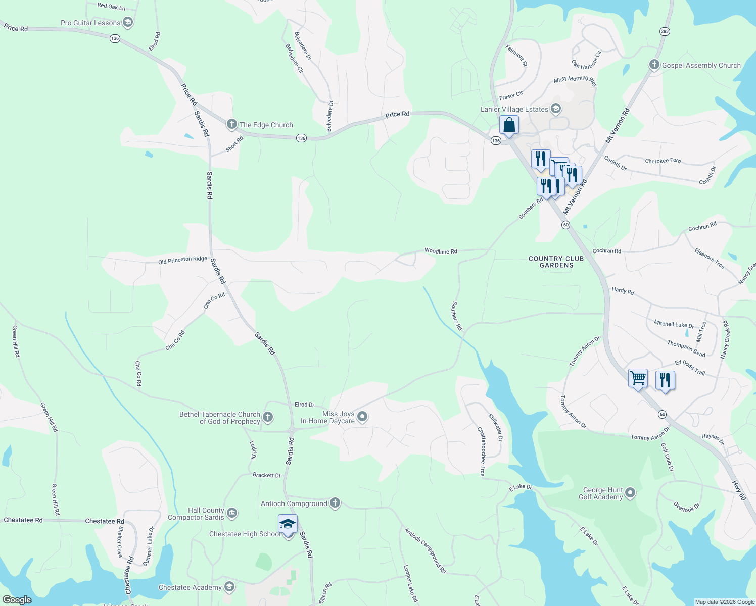 map of restaurants, bars, coffee shops, grocery stores, and more near 4084 Hidden Hollow Drive in Gainesville