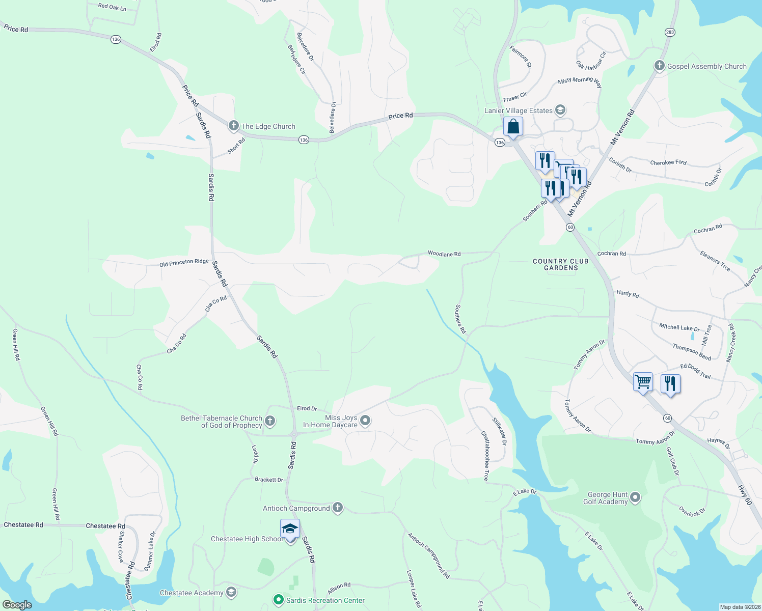 map of restaurants, bars, coffee shops, grocery stores, and more near 4084 Hidden Hollow Drive in Gainesville