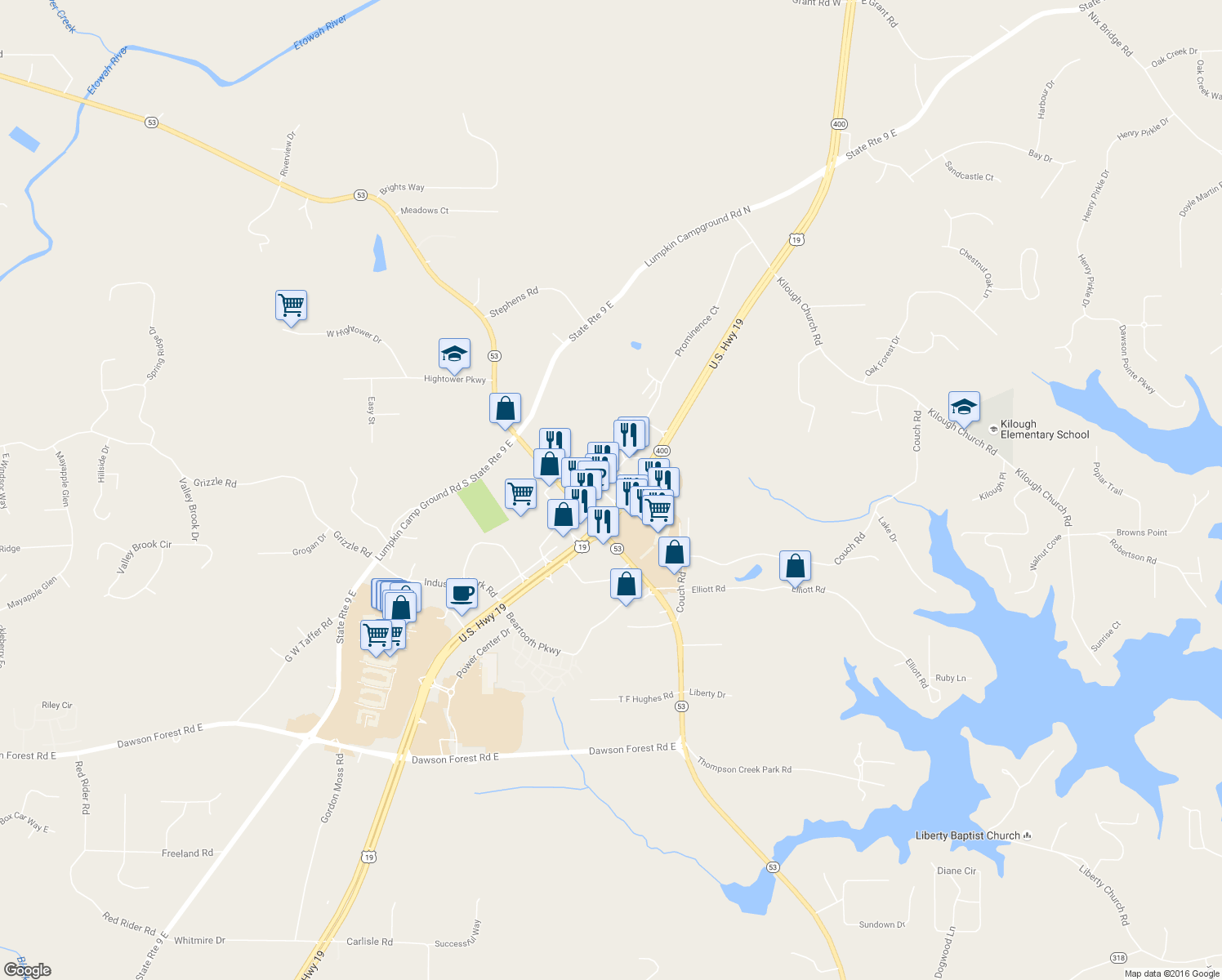 map of restaurants, bars, coffee shops, grocery stores, and more near 100 North 400 Center Lane in Dawsonville