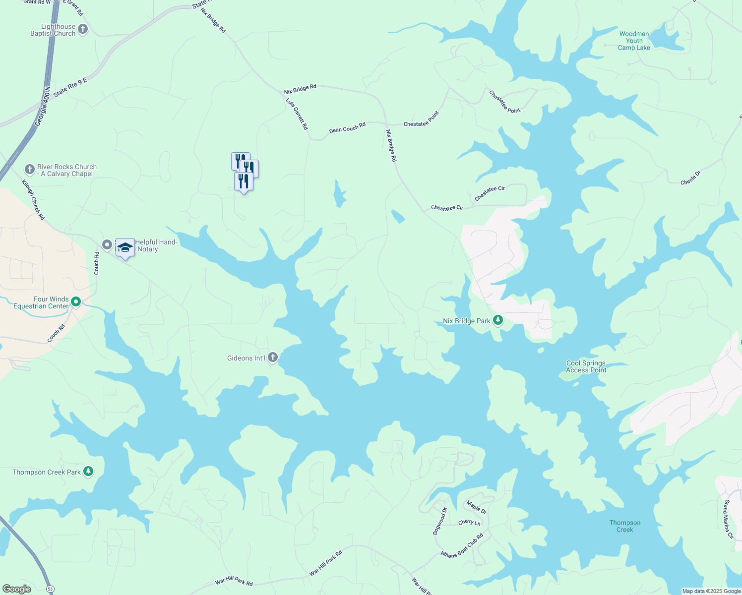 map of restaurants, bars, coffee shops, grocery stores, and more near 518 Overlook Drive in Dawsonville