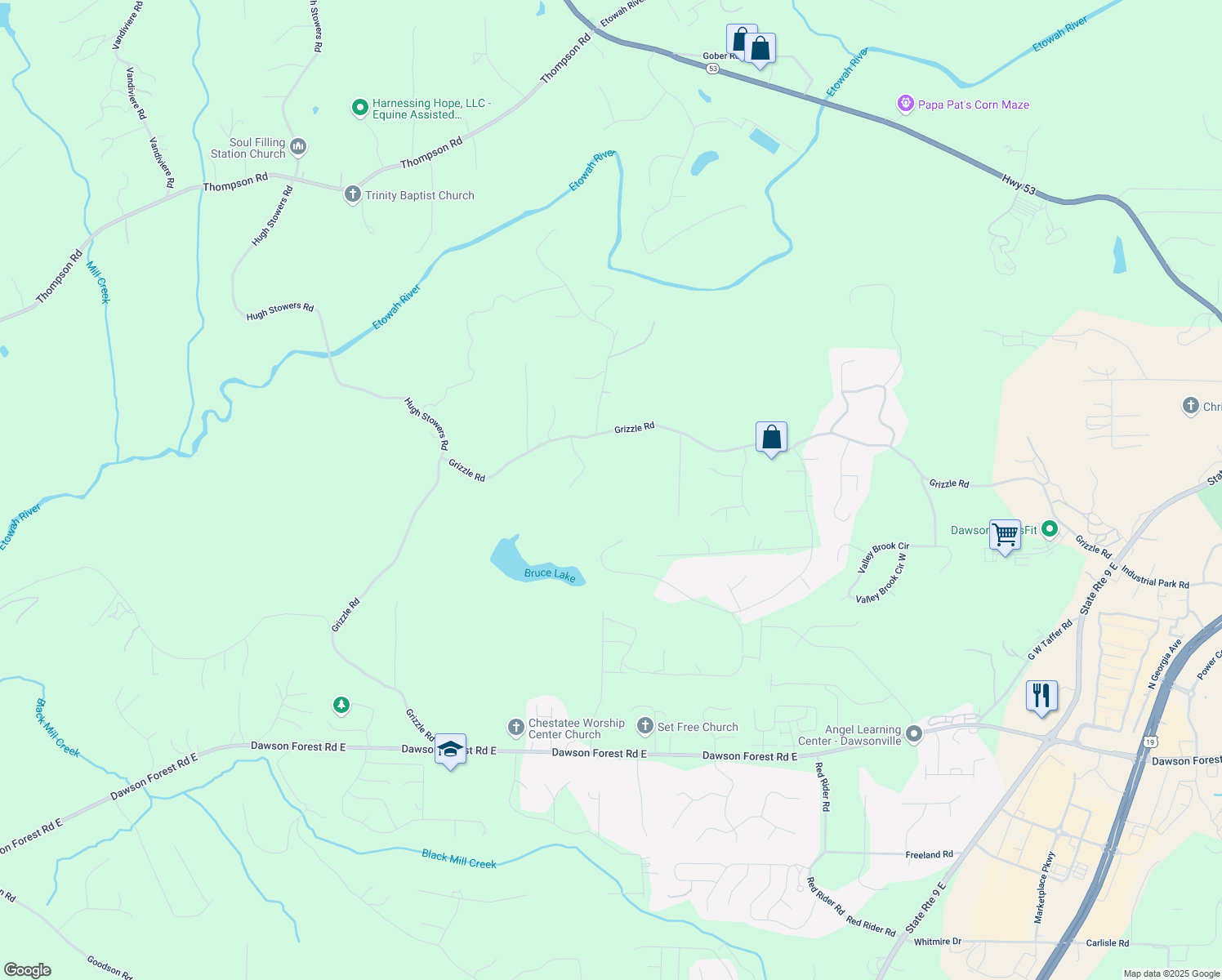 map of restaurants, bars, coffee shops, grocery stores, and more near 1472 Grizzle Road in Dawsonville