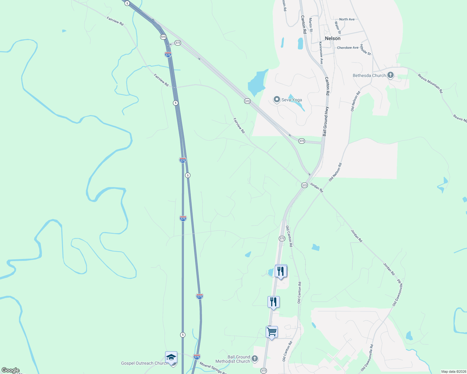 map of restaurants, bars, coffee shops, grocery stores, and more near 406 Wood Trace in Ball Ground