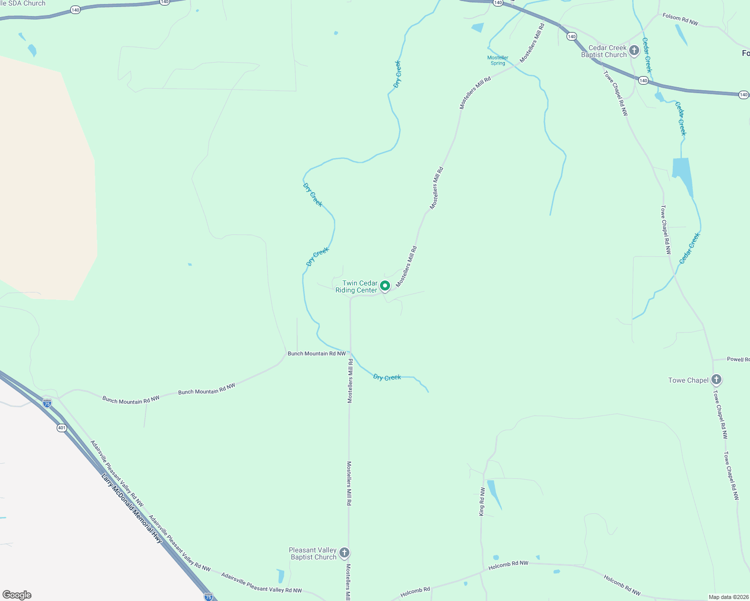 map of restaurants, bars, coffee shops, grocery stores, and more near 34 Lois Lane Northwest in Adairsville