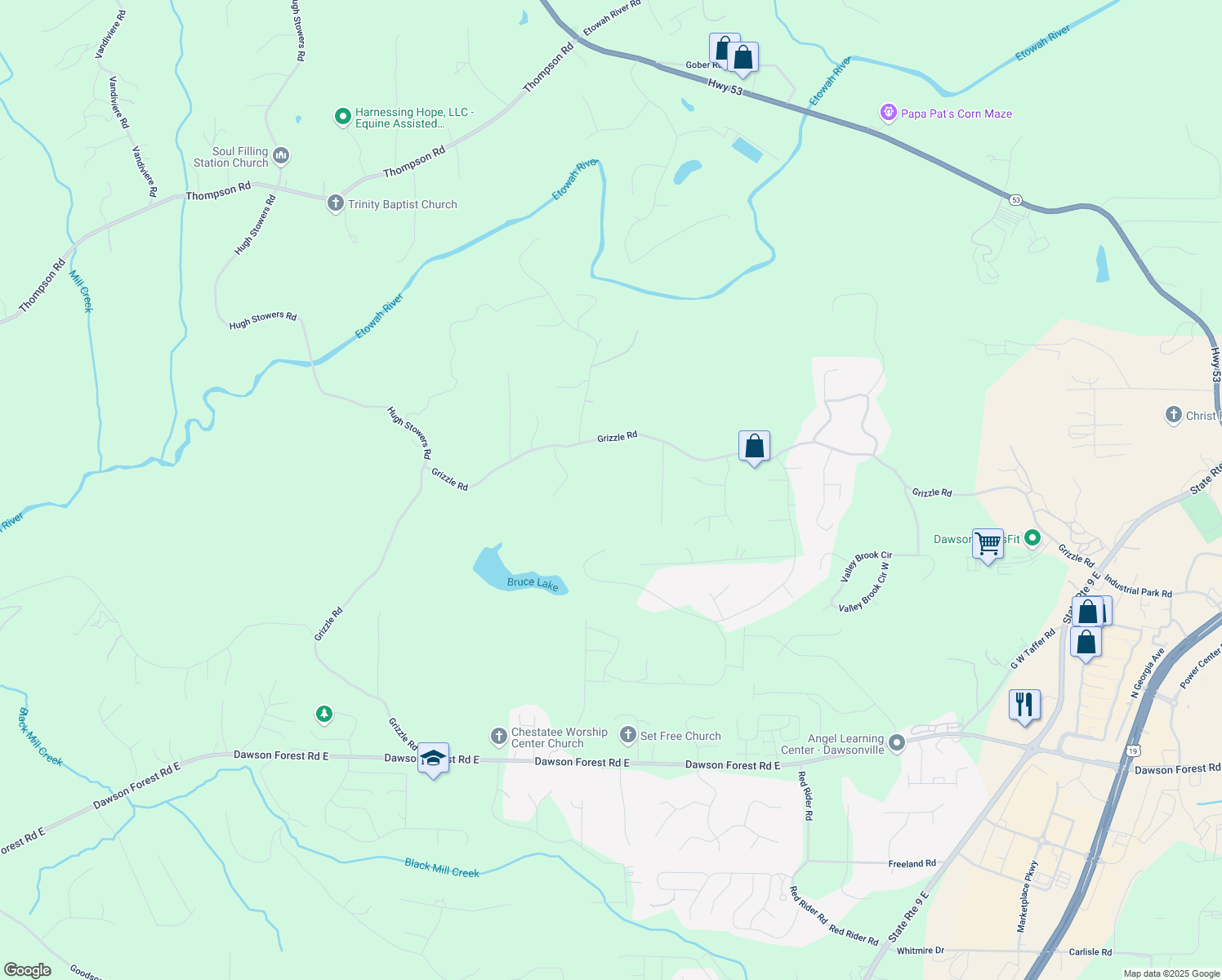 map of restaurants, bars, coffee shops, grocery stores, and more near 1472 Grizzle Road in Dawsonville