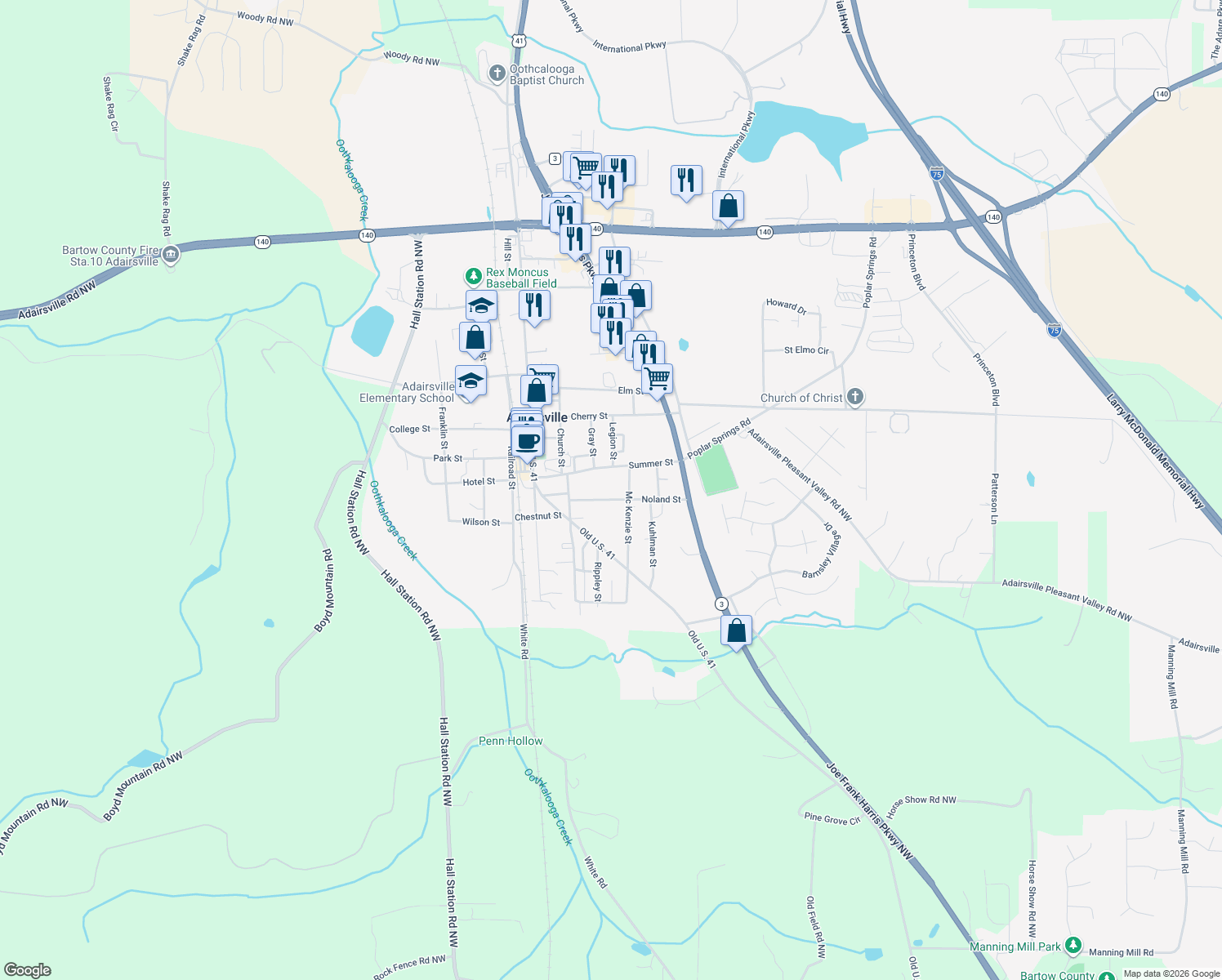 map of restaurants, bars, coffee shops, grocery stores, and more near 107 Noland Street in Adairsville