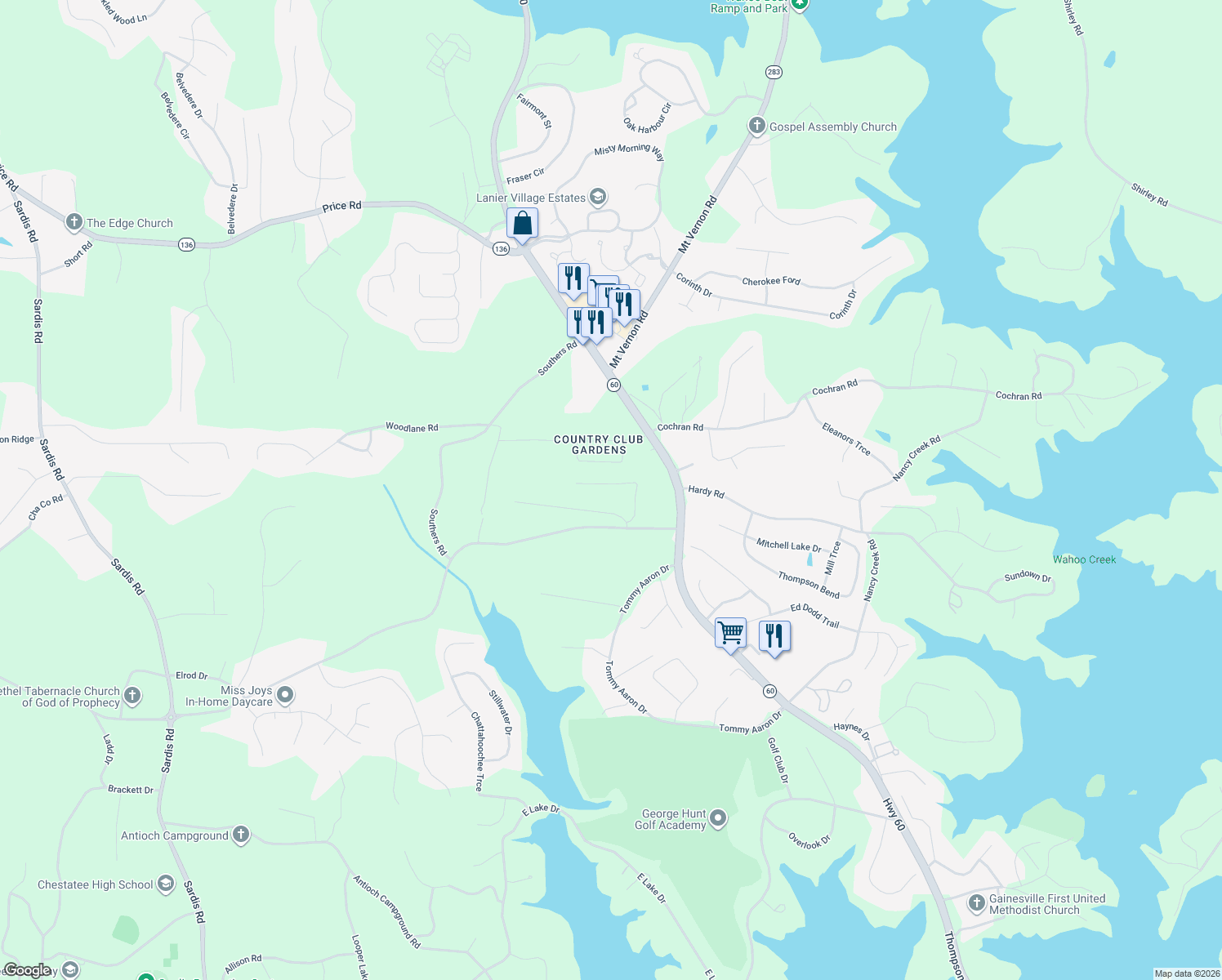 map of restaurants, bars, coffee shops, grocery stores, and more near 3529 Meadow Ln in Gainesville