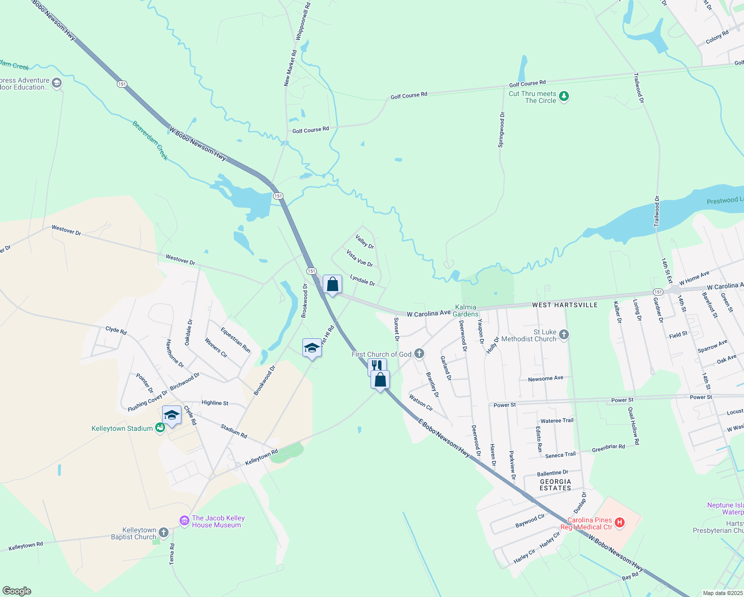 map of restaurants, bars, coffee shops, grocery stores, and more near 2004 West Carolina Avenue in Hartsville