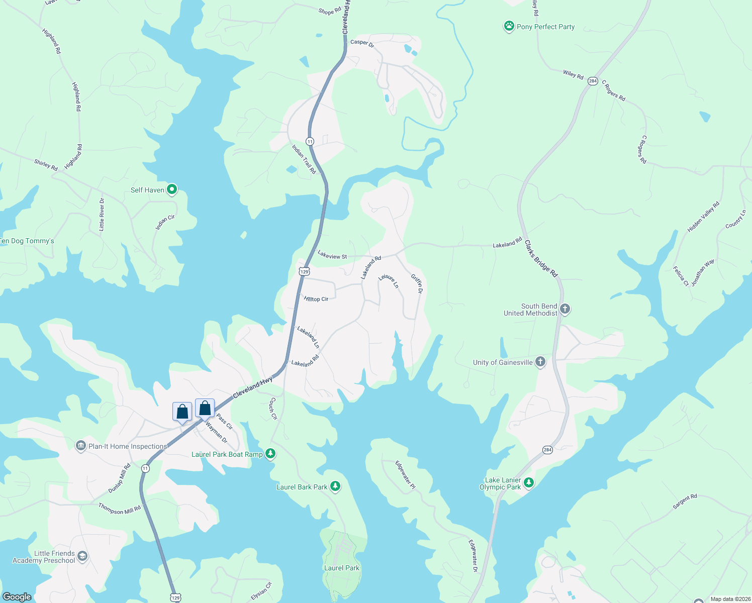 map of restaurants, bars, coffee shops, grocery stores, and more near 3404 Lakeland Road in Gainesville