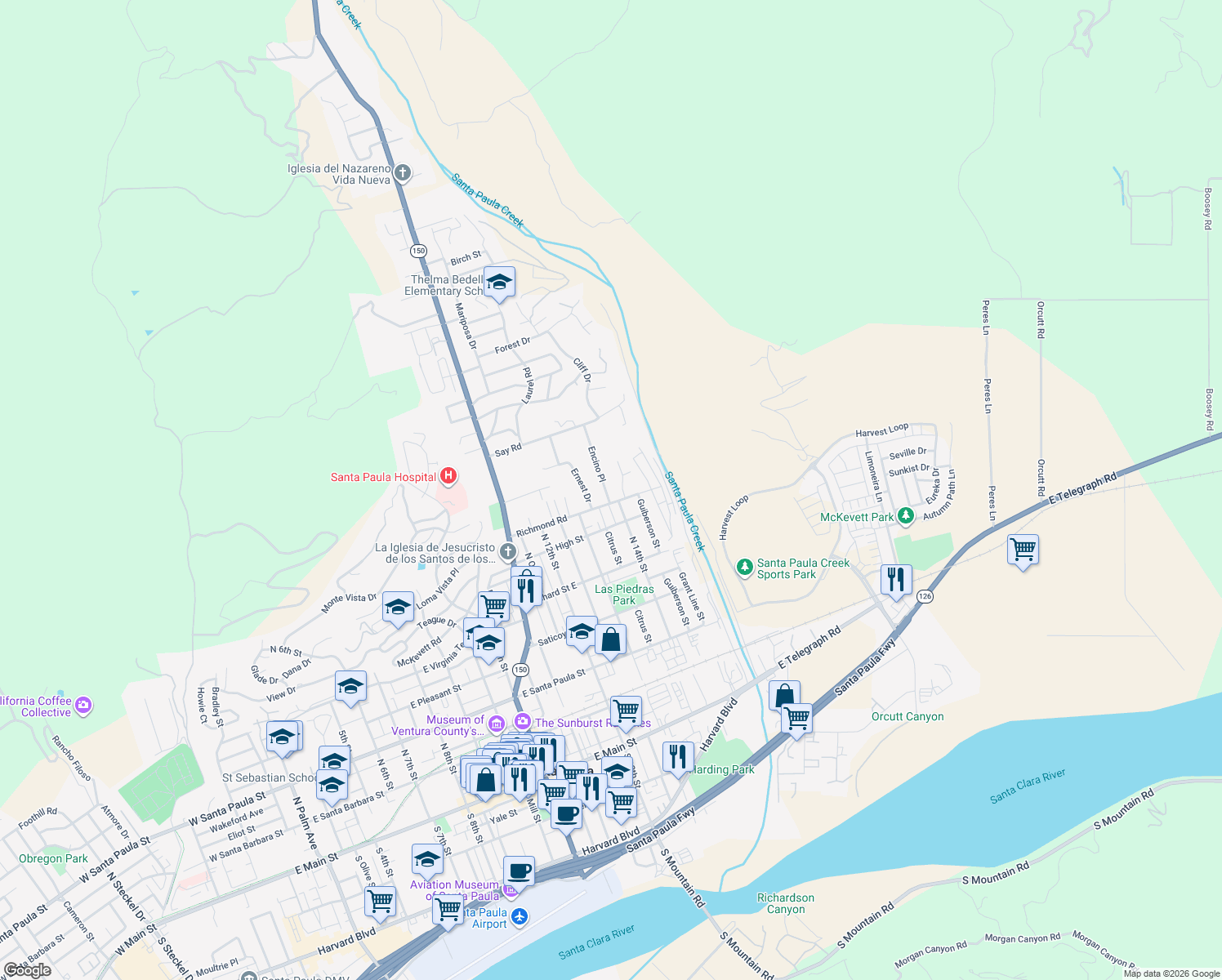 map of restaurants, bars, coffee shops, grocery stores, and more near 715 Encino Place in Santa Paula