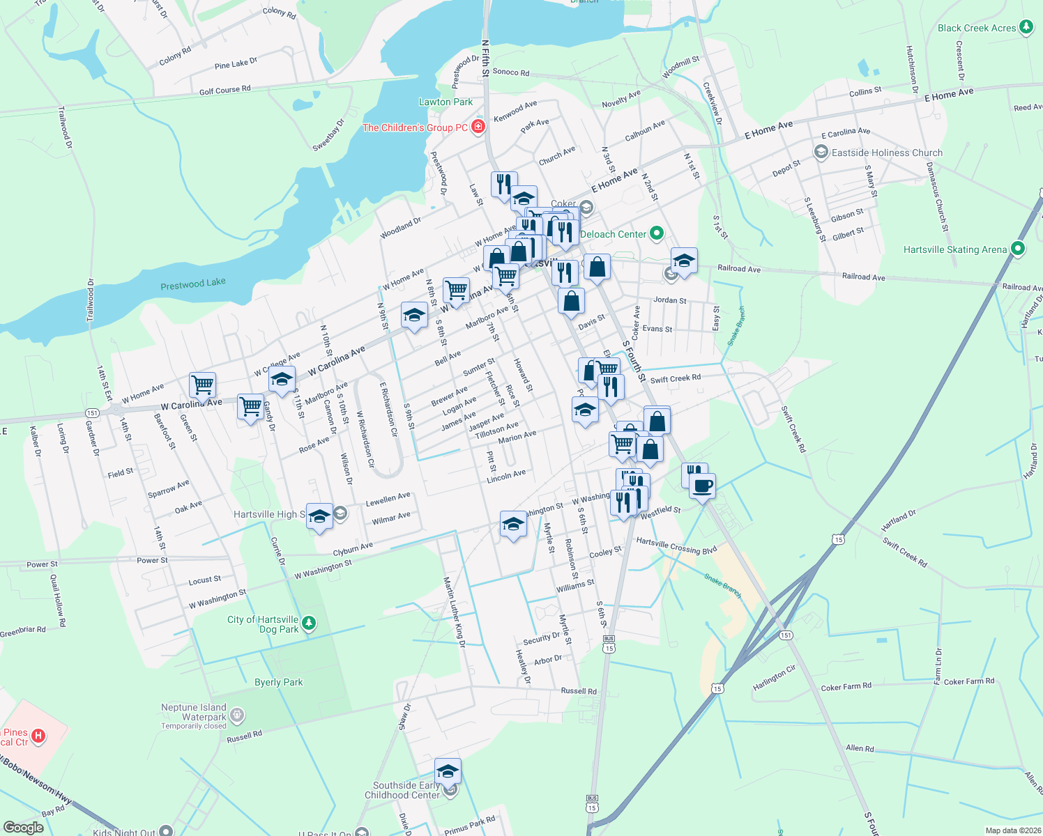 map of restaurants, bars, coffee shops, grocery stores, and more near 606 Rice St in Hartsville