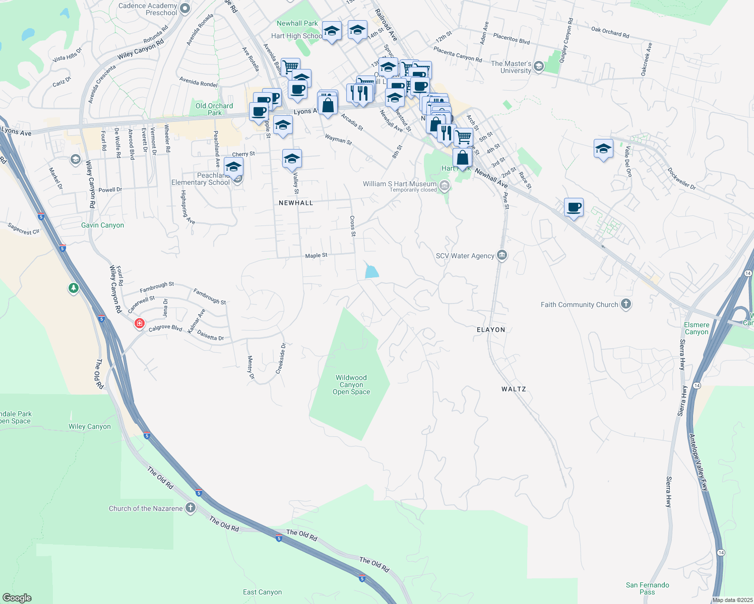 map of restaurants, bars, coffee shops, grocery stores, and more near 24106 Cross Street in Santa Clarita