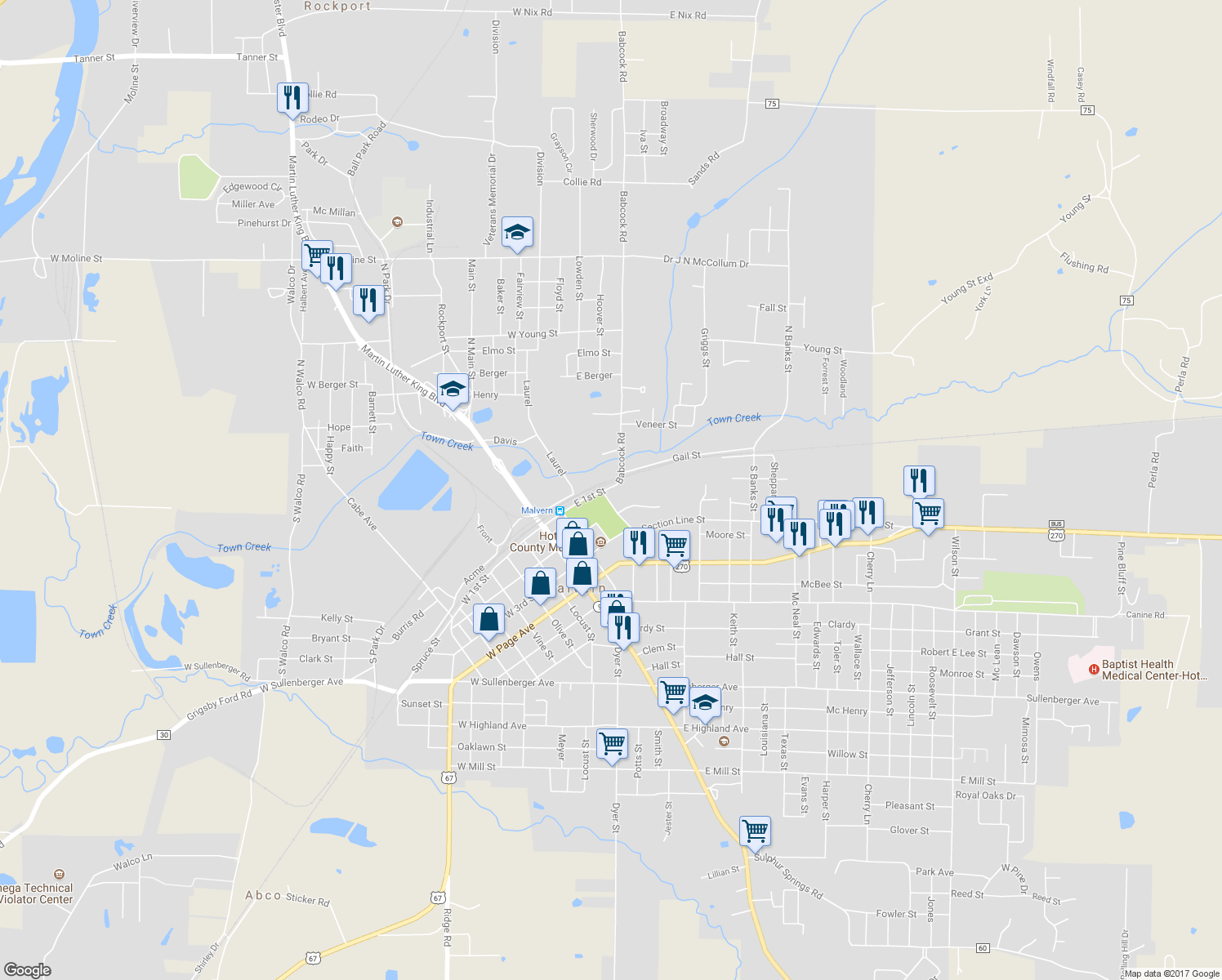 map of restaurants, bars, coffee shops, grocery stores, and more near 425 East 1st Street in Malvern
