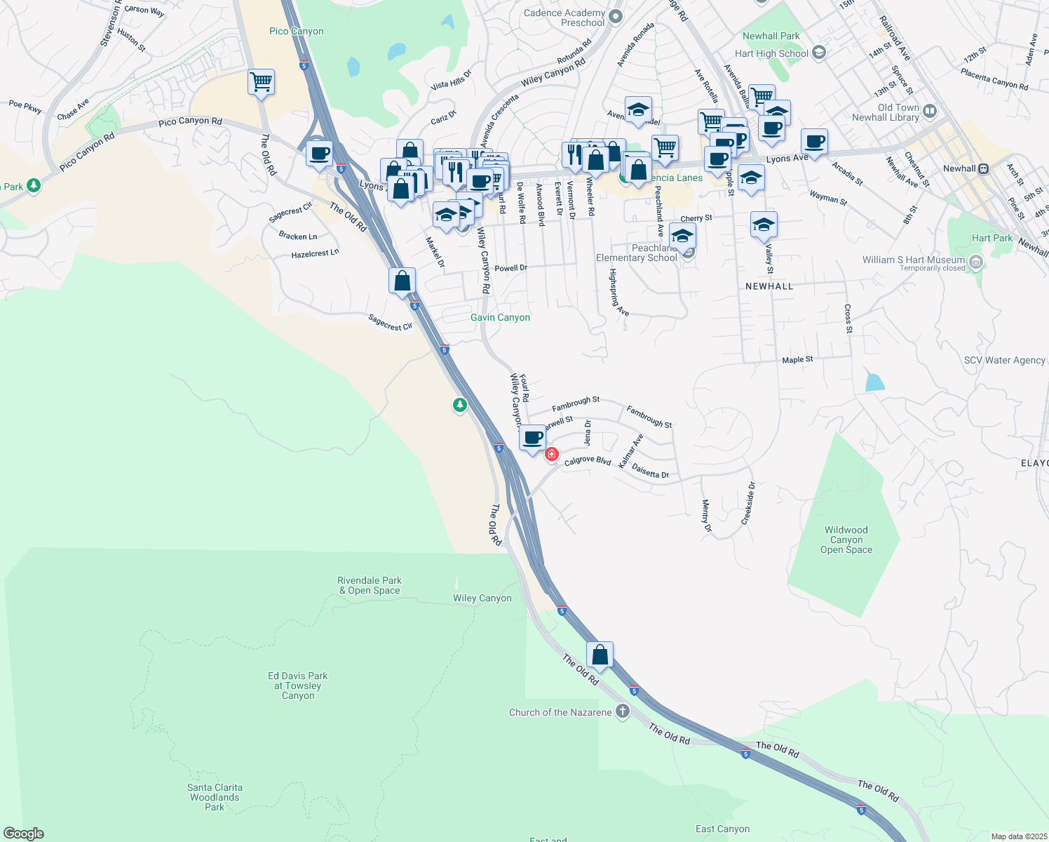 map of restaurants, bars, coffee shops, grocery stores, and more near 24737 Fourl Road in Santa Clarita