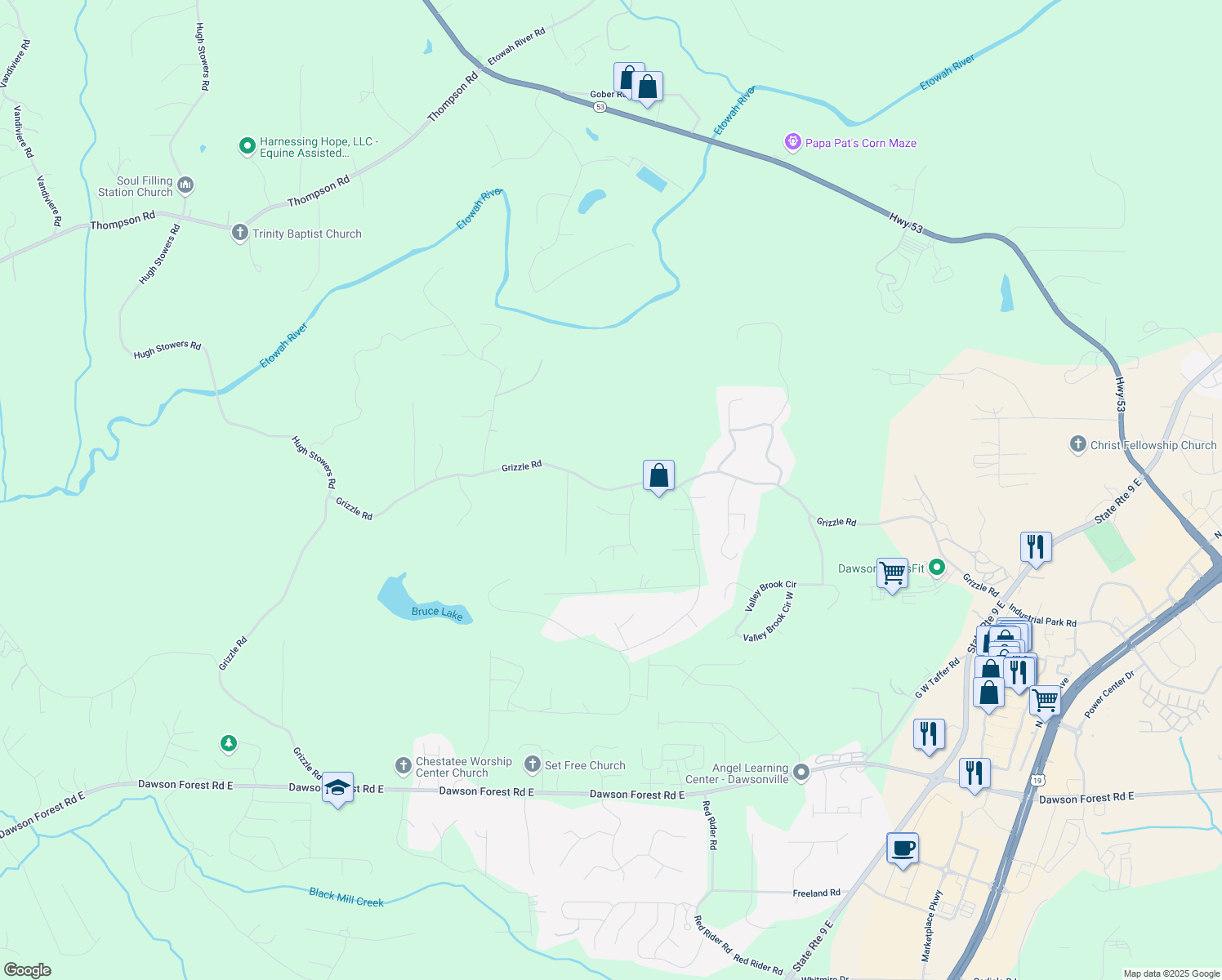 map of restaurants, bars, coffee shops, grocery stores, and more near Grizzle Road in Dawson County