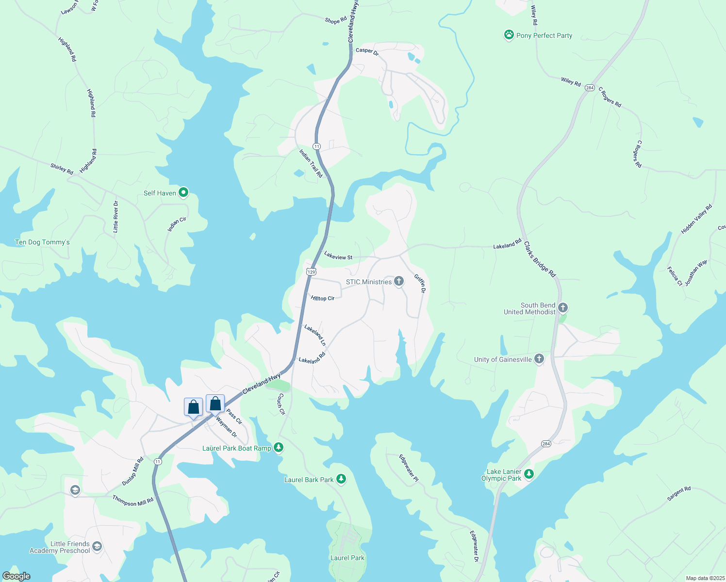 map of restaurants, bars, coffee shops, grocery stores, and more near 3413 Lakeland Road in Gainesville