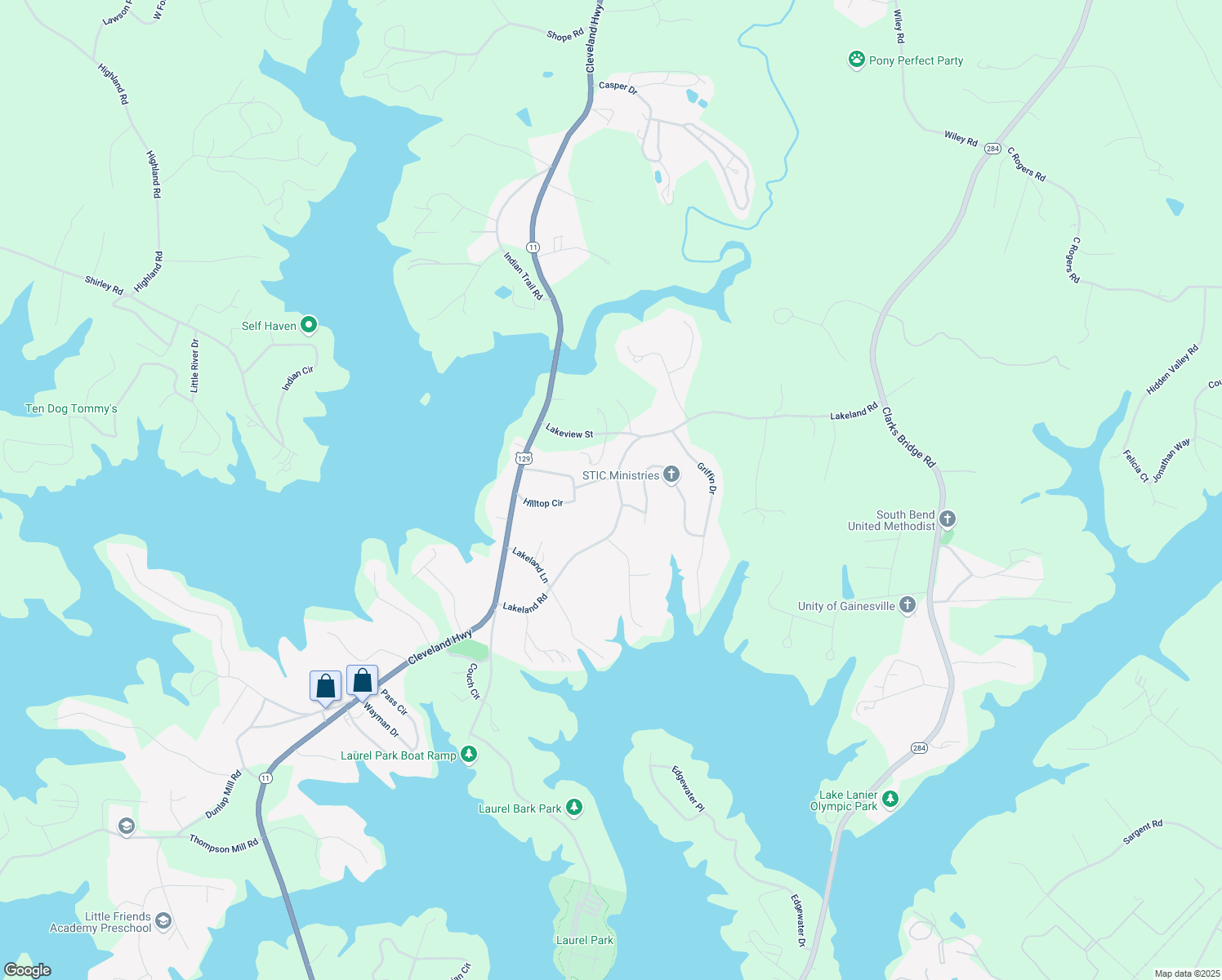 map of restaurants, bars, coffee shops, grocery stores, and more near 3413 Lakeland Road in Gainesville