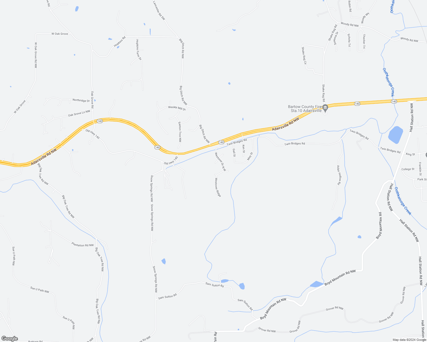 map of restaurants, bars, coffee shops, grocery stores, and more near 12 Top Ridge Court in Adairsville