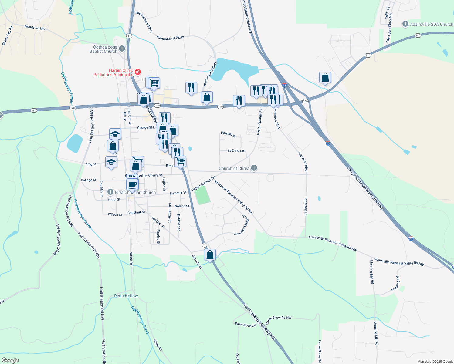 map of restaurants, bars, coffee shops, grocery stores, and more near 21 Dewey Drive in Adairsville
