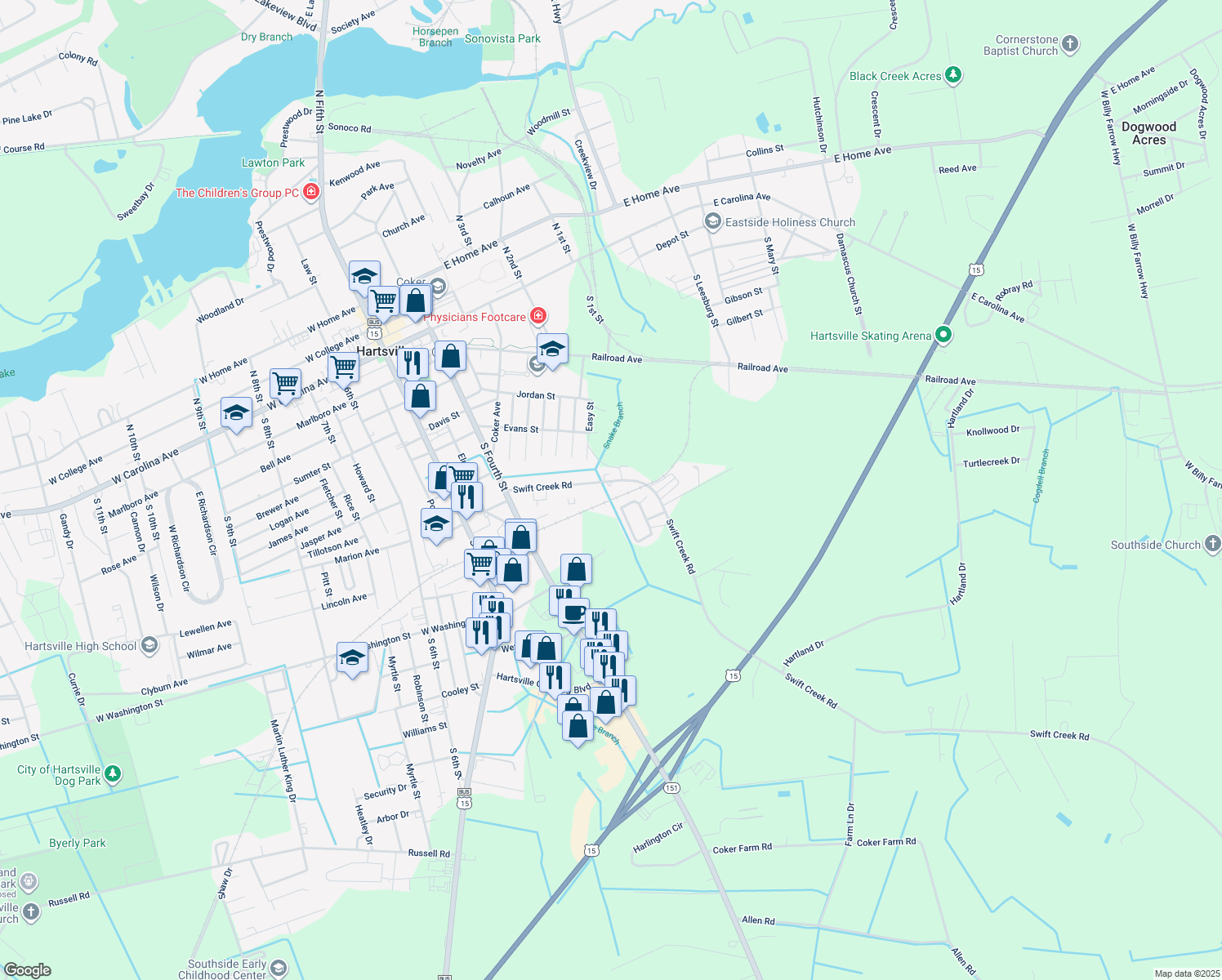 map of restaurants, bars, coffee shops, grocery stores, and more near 503 Swift Creek Road in Hartsville