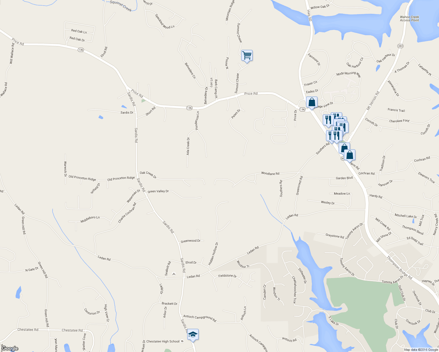 map of restaurants, bars, coffee shops, grocery stores, and more near 3826 Covered Bridge Place in Gainesville