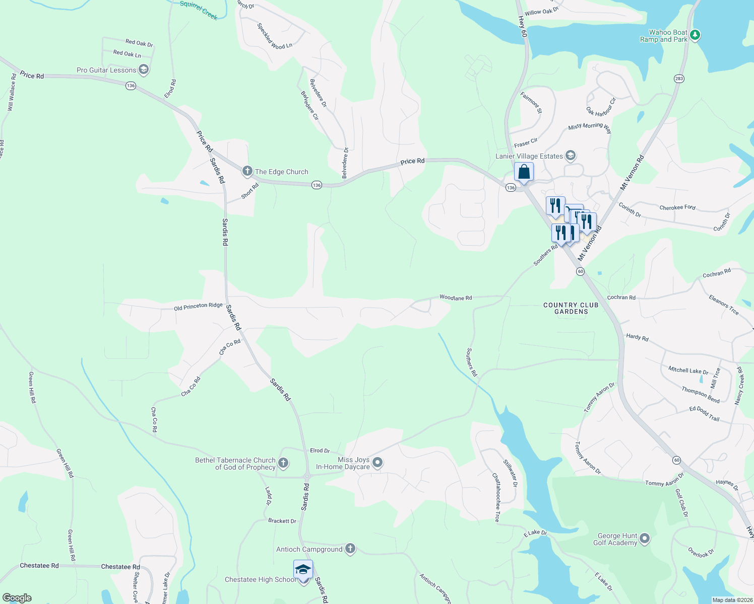 map of restaurants, bars, coffee shops, grocery stores, and more near 3822 Covered Bridge Place in Gainesville