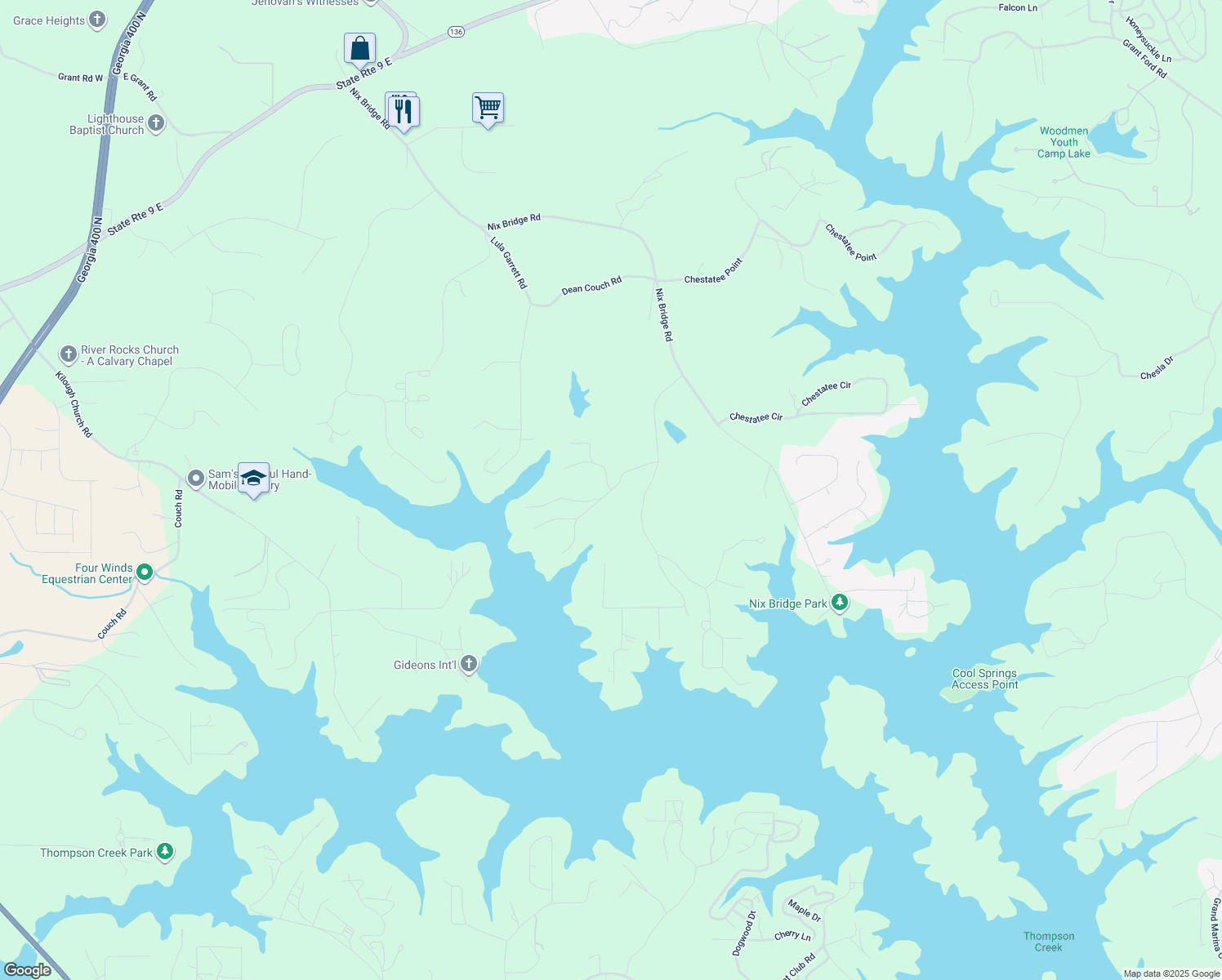 map of restaurants, bars, coffee shops, grocery stores, and more near 0 Robertson Ct in Dawsonville