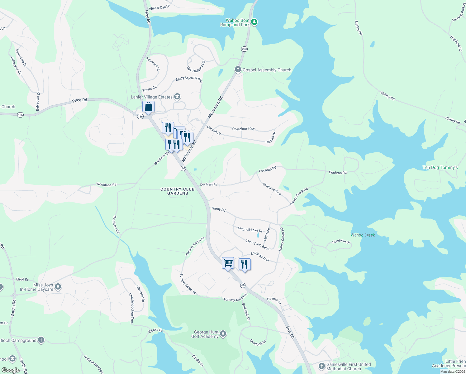 map of restaurants, bars, coffee shops, grocery stores, and more near 3618 Cochran Rd in Gainesville