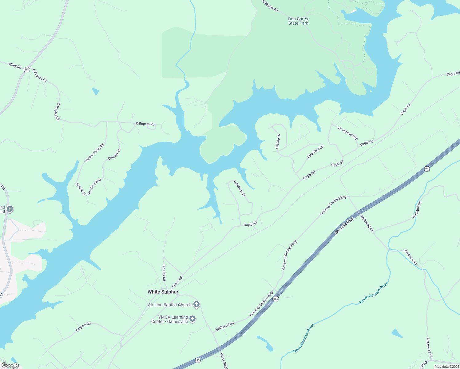 map of restaurants, bars, coffee shops, grocery stores, and more near 3592 Lakeview Drive in Gainesville
