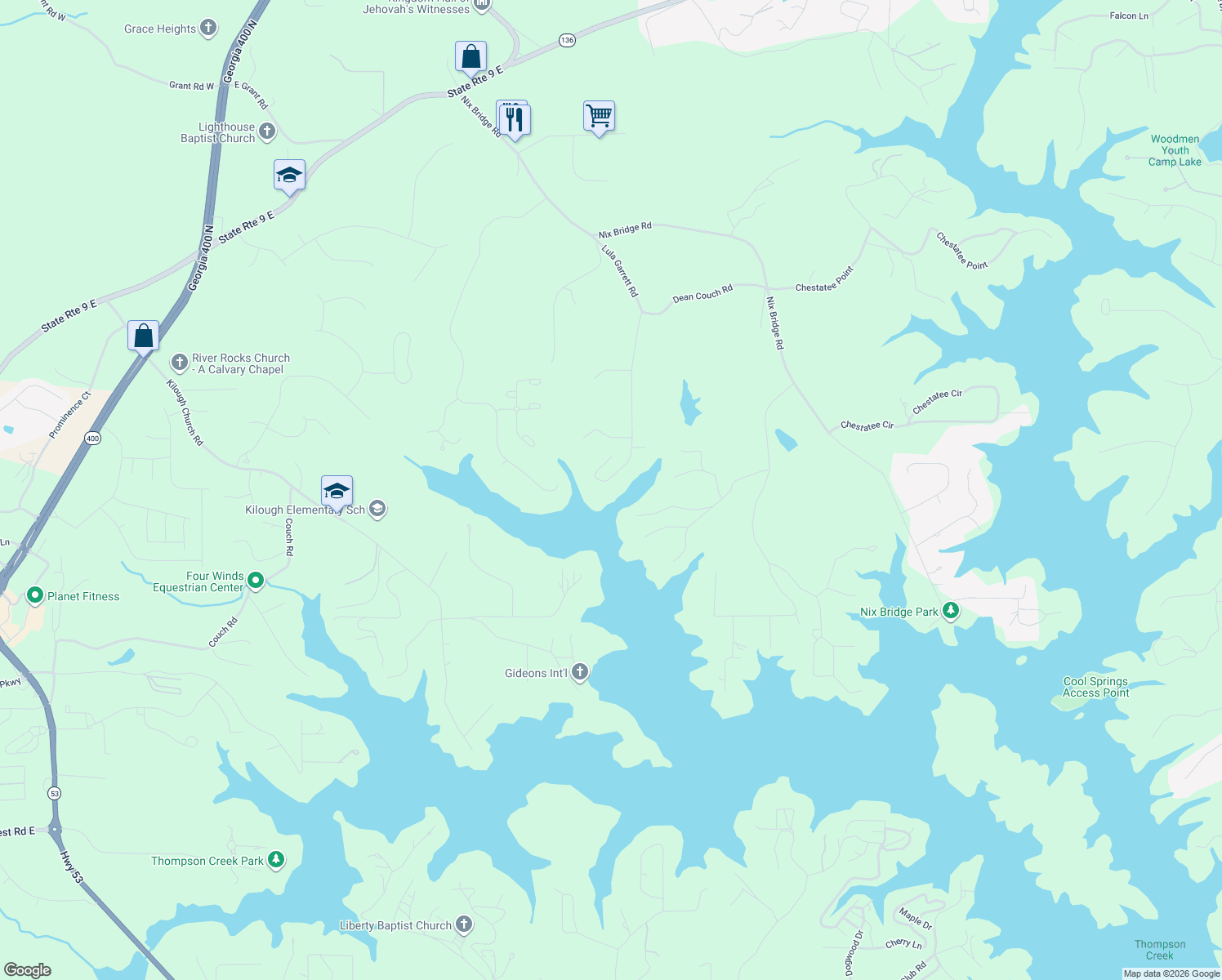 map of restaurants, bars, coffee shops, grocery stores, and more near 825 Lula Garrett Road in Dawsonville