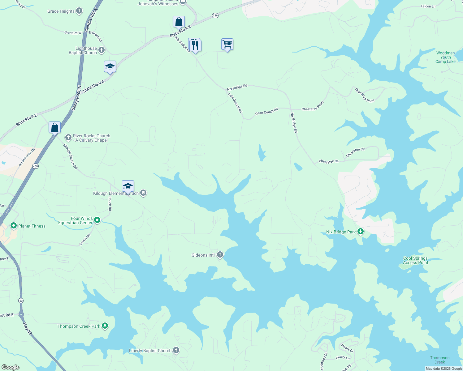 map of restaurants, bars, coffee shops, grocery stores, and more near 825 Lula Garrett Rd in Dawsonville