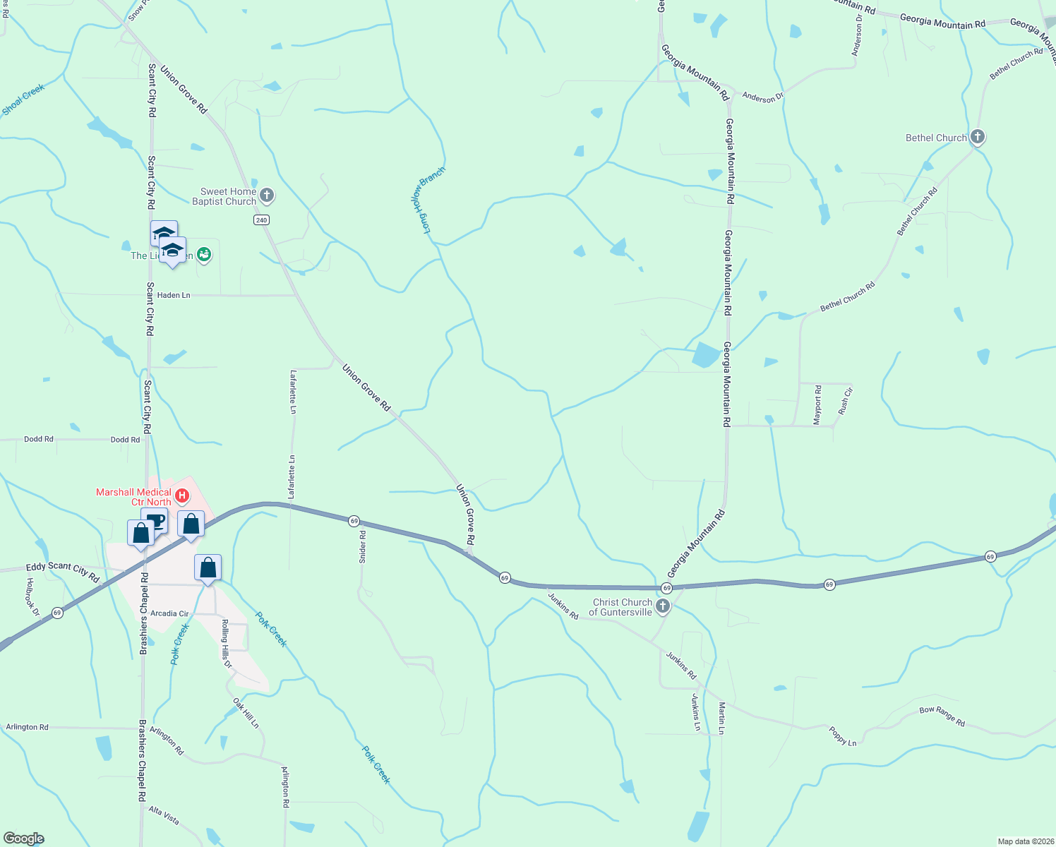 map of restaurants, bars, coffee shops, grocery stores, and more near 414 Union Grove Road in Guntersville