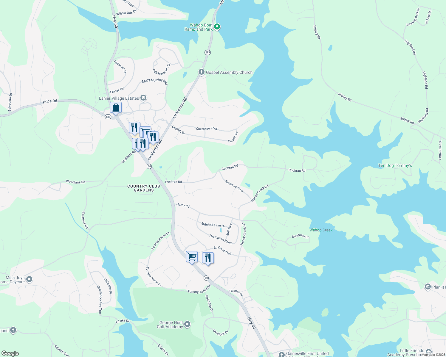 map of restaurants, bars, coffee shops, grocery stores, and more near 3662 Eleanors Trce in Gainesville