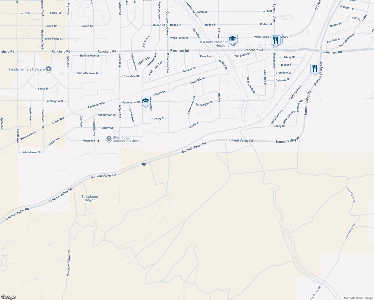 map of restaurants, bars, coffee shops, grocery stores, and more near 0 Summit Valley Road in Hesperia